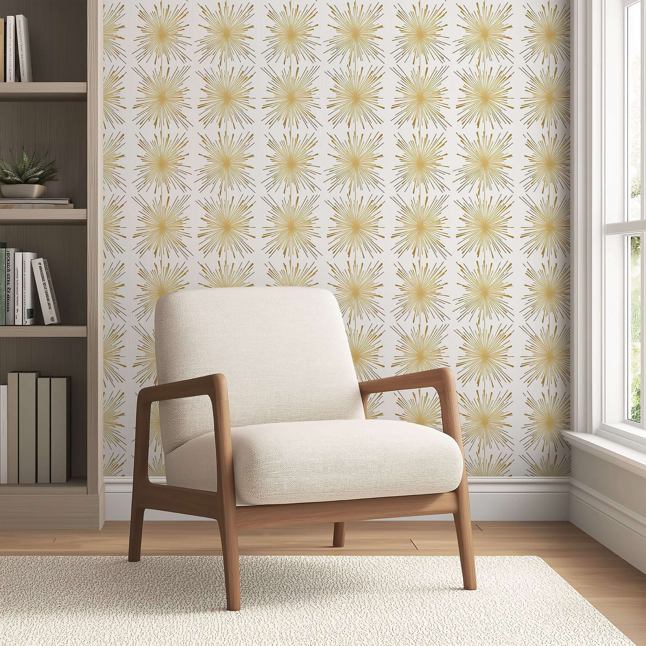 Mid-Century Modern living room with Gilded Fireworks wallpaper, featuring metallic gold starburst design on white background, retro style.
