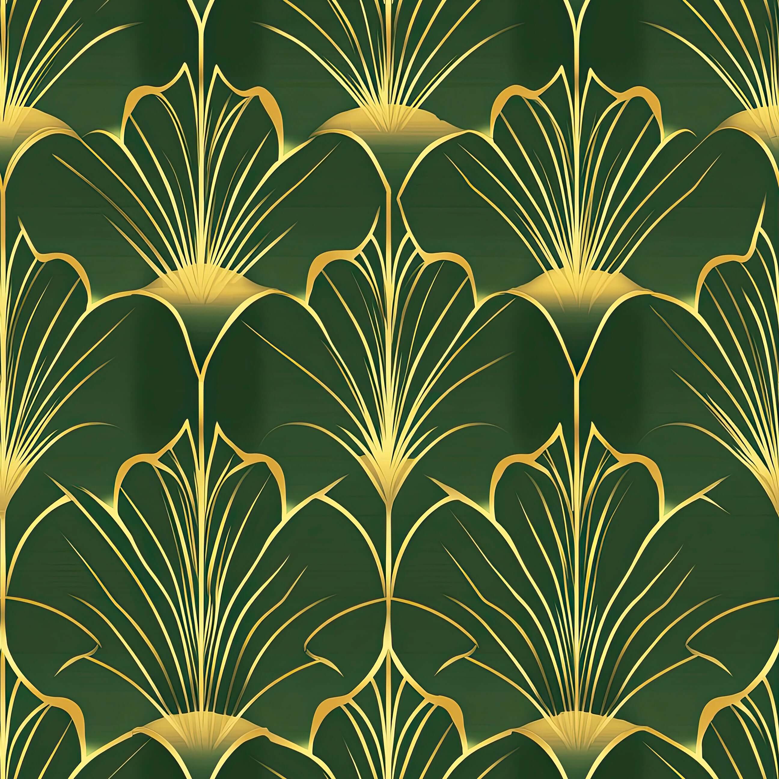 Art Deco wallpaper with gold fan motifs on emerald green, titled 'Gatsby's Garden' by Wall Artifacts. Elegant 1920s style design.