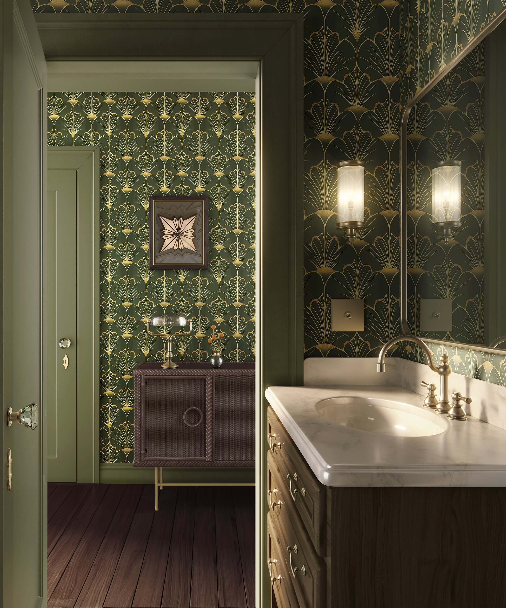 Art Deco bathroom featuring Gatsby's Garden wallpaper with gold fan motifs on emerald green, enhancing the space's luxurious elegance.