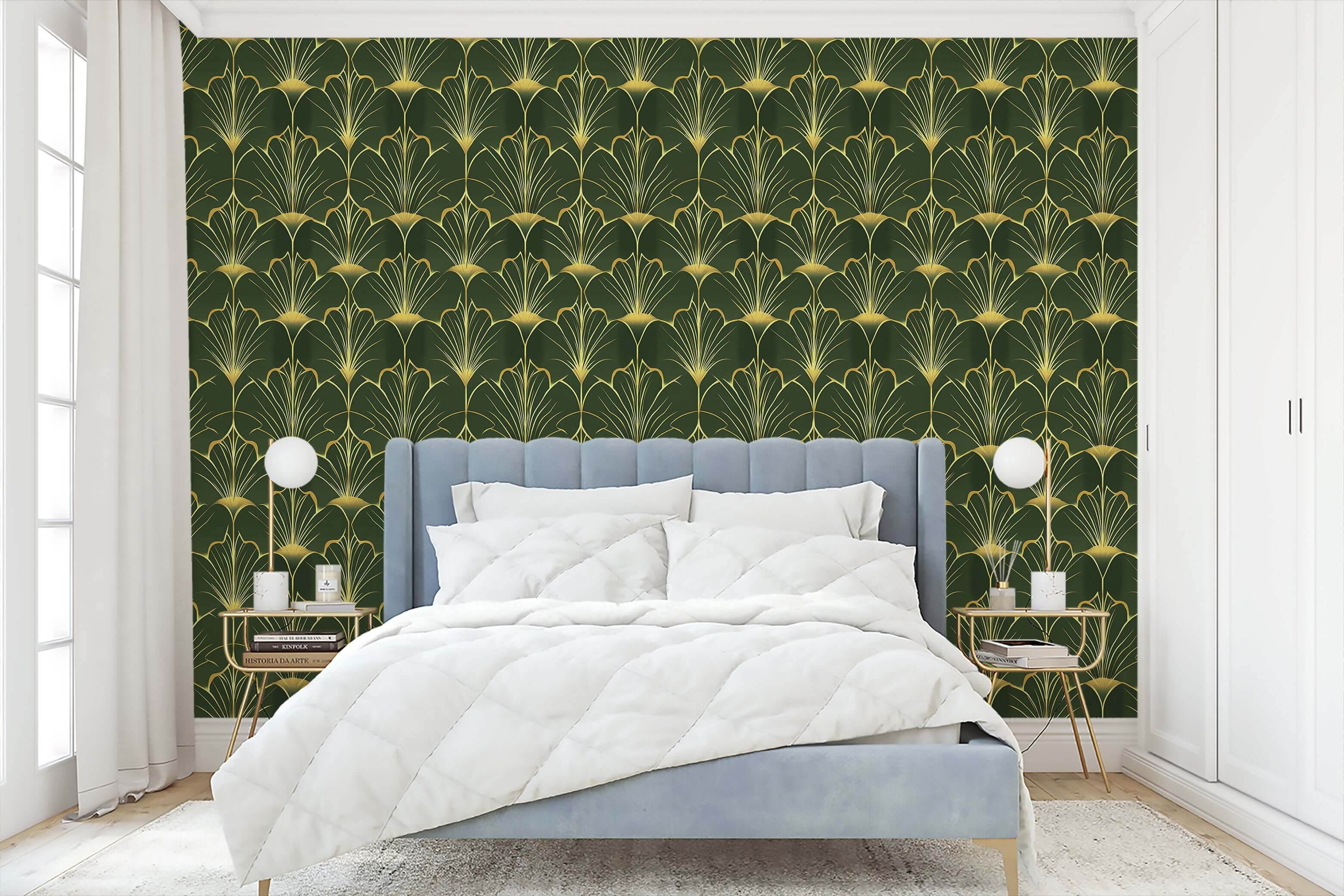 Luxurious bedroom with Gatsby's Garden Art Deco wallpaper featuring gold fan motifs on emerald green, epitomizing 1920s elegance.