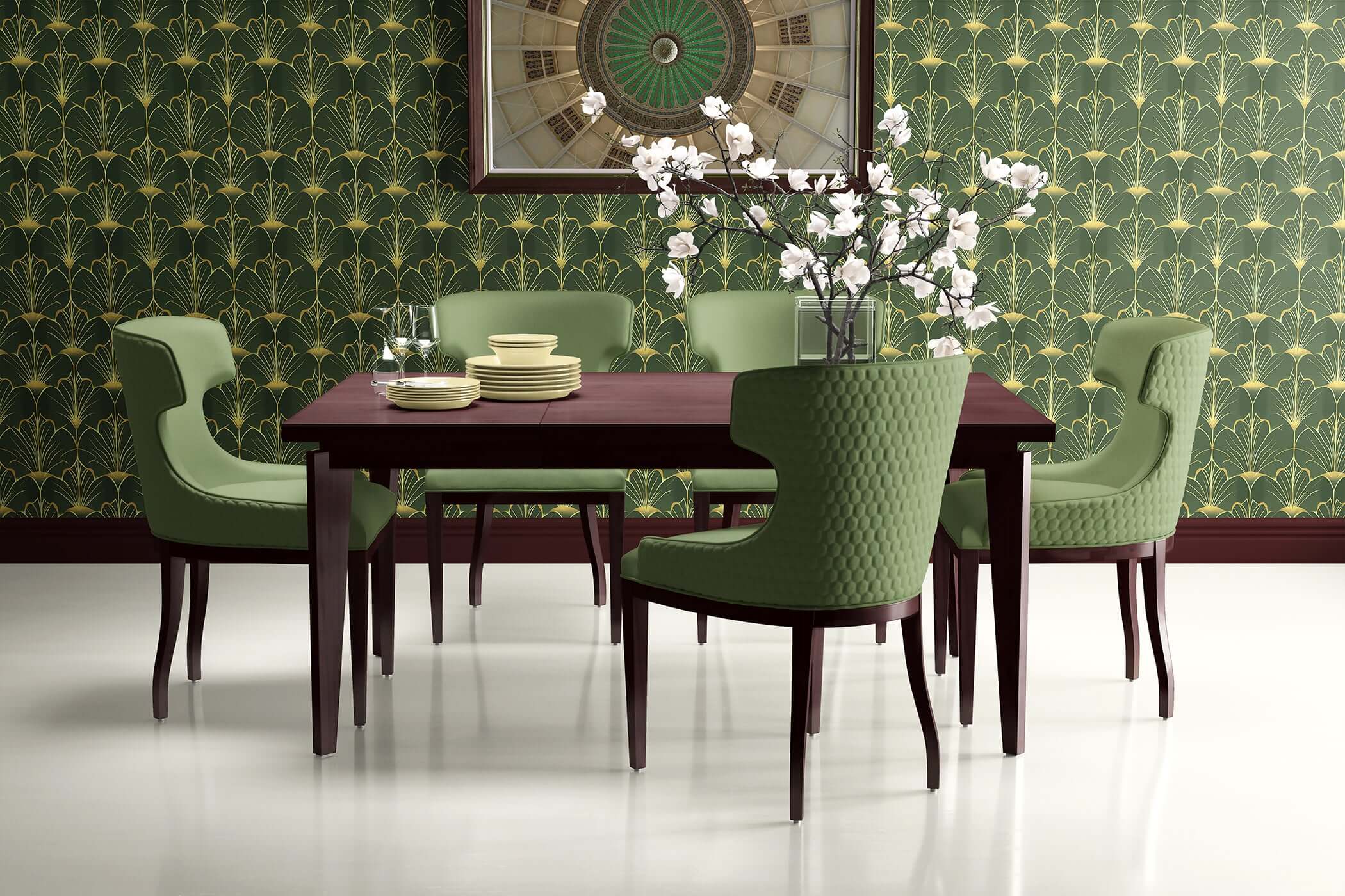 Luxurious dining room with Art Deco wallpaper featuring gold fan motifs on emerald green, enhancing elegance and style.