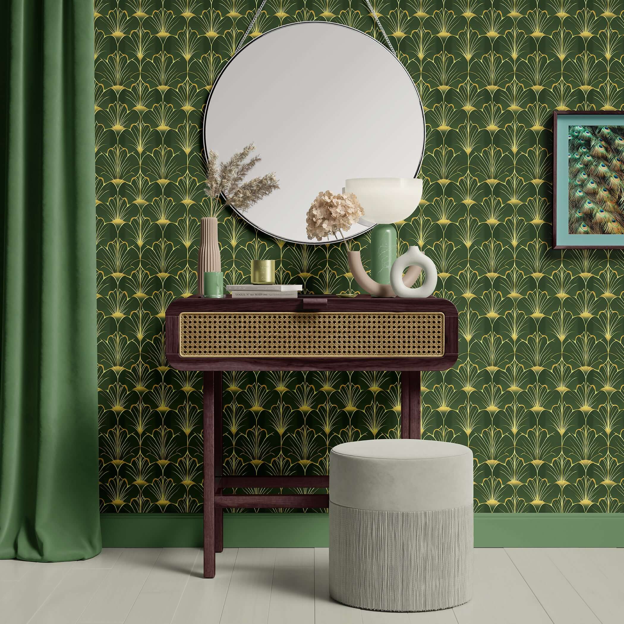 Art Deco wallpaper with gold fan motifs on emerald green backdrop, featuring a stylish vanity and green curtains, "Gatsby's Garden" style.