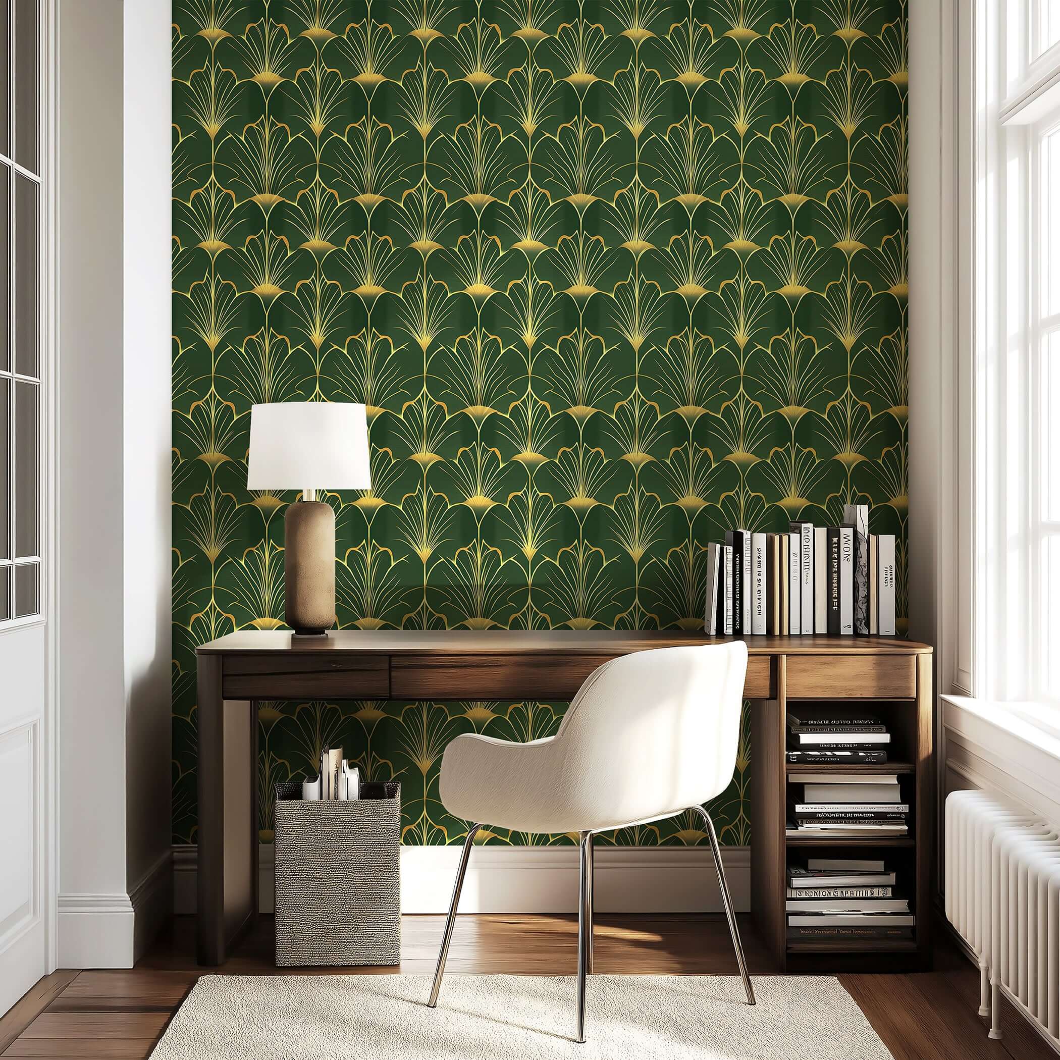Luxury Gatsby's Garden art deco wallpaper with gold fan motifs on emerald green, perfect for dining rooms and boutique spaces.