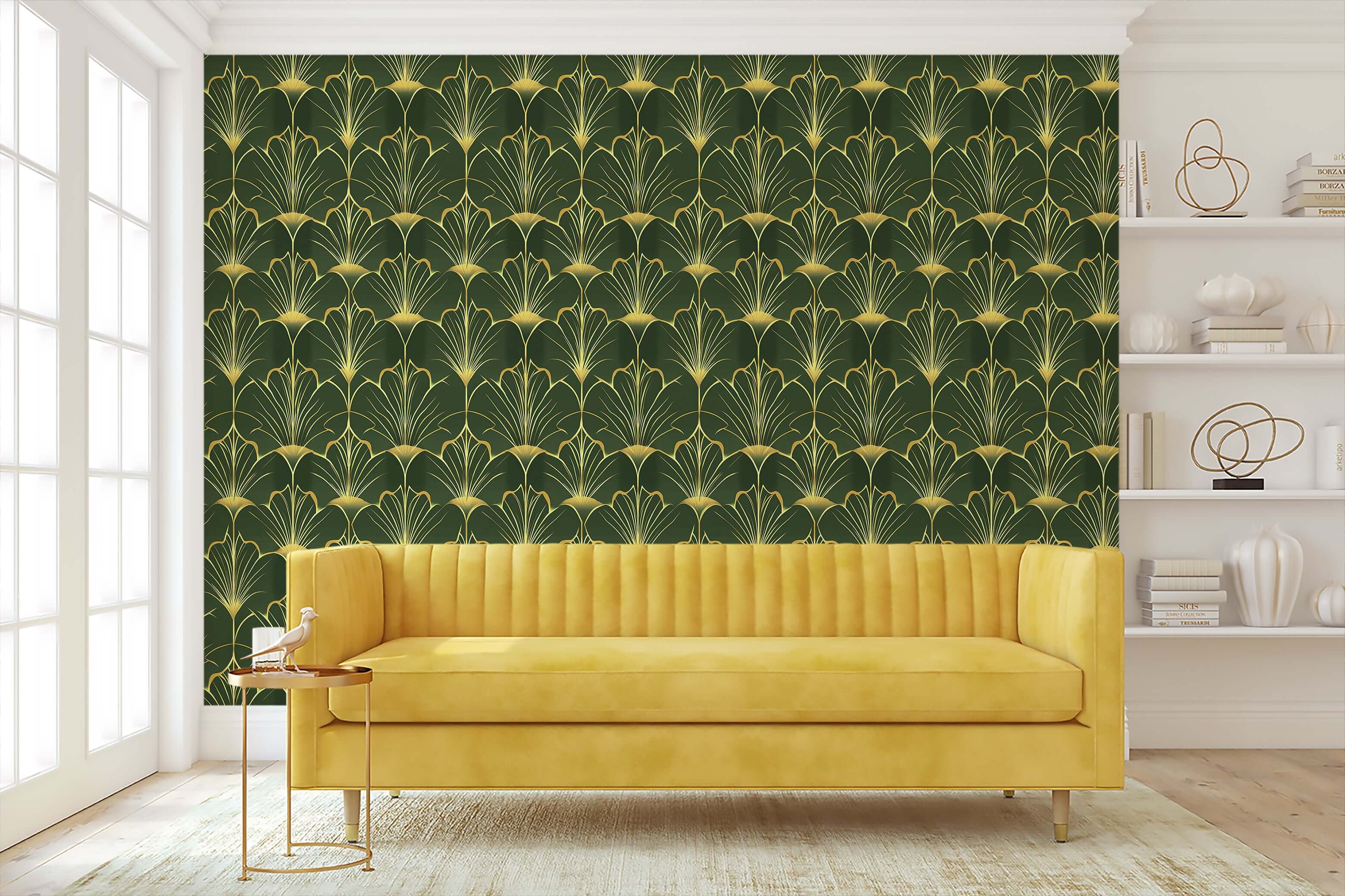 Art Deco wallpaper with gold fan motifs on emerald green, featuring Gatsby's Garden design in a modern living room.