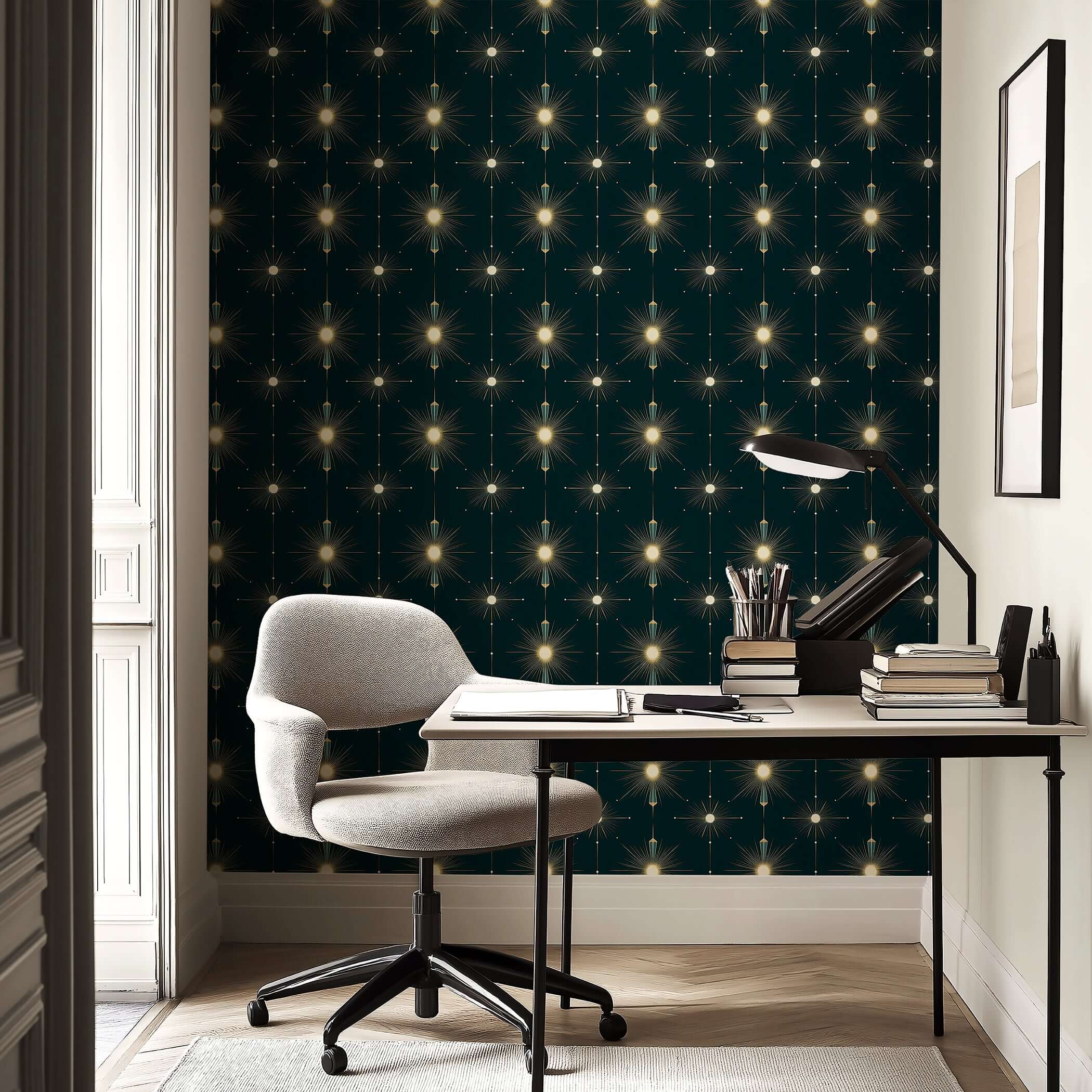 Art Deco Starlight Symphony wallpaper with gold starburst motifs in an elegant office setting.