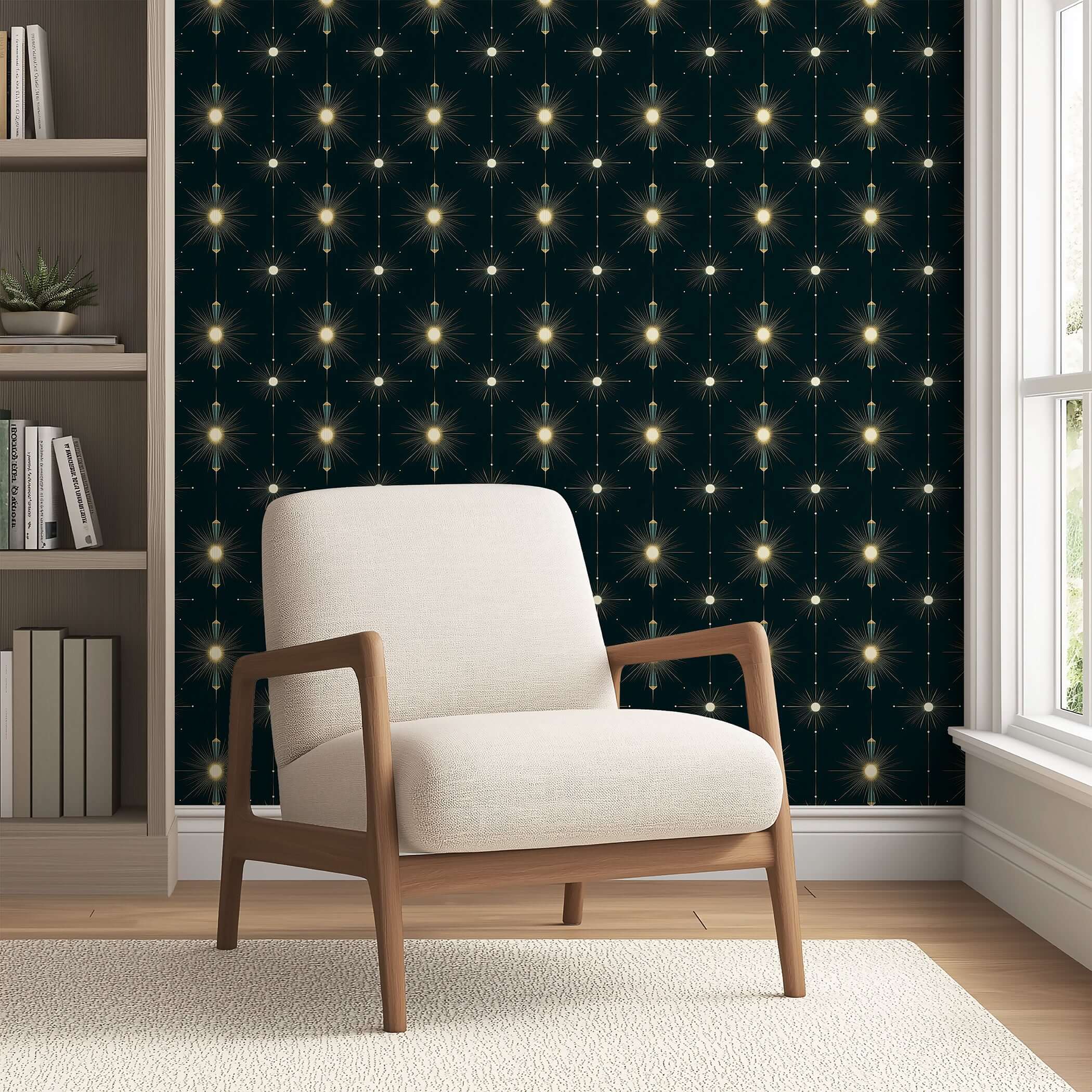 Art Deco Starlight Symphony wallpaper with starburst motifs in gold on deep midnight background, enhancing modern elegance in interiors.