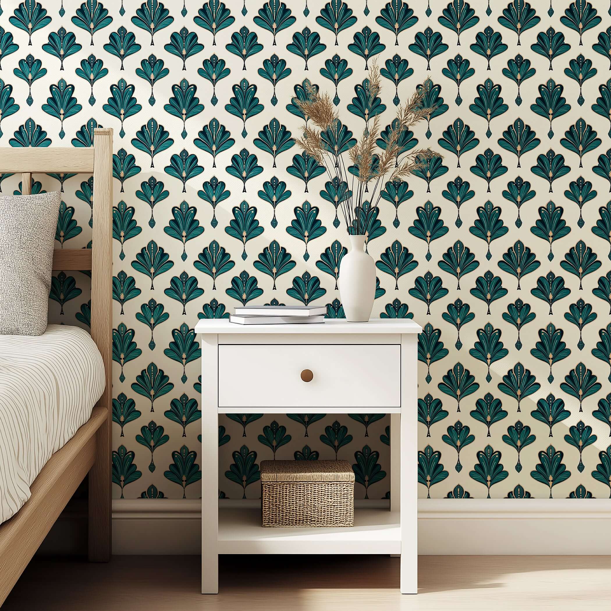 Alt Tag: Bedroom with 1920's Art Deco emerald and gold wallpaper featuring a vintage leaf pattern, styled with a white nightstand and decor.