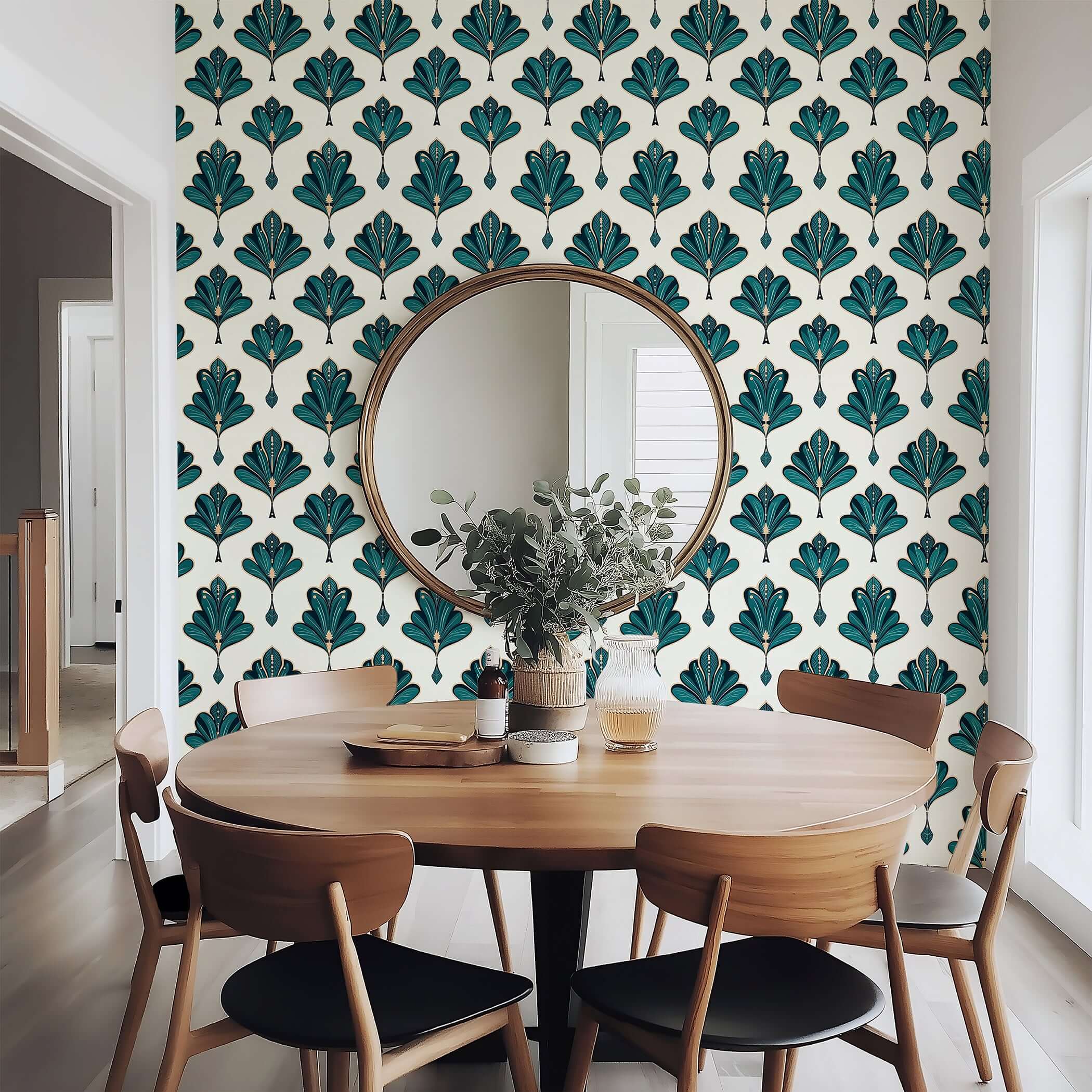 Art Deco wallpaper with emerald green fan-like pattern, enhancing a dining room with vintage elegance and sophistication.