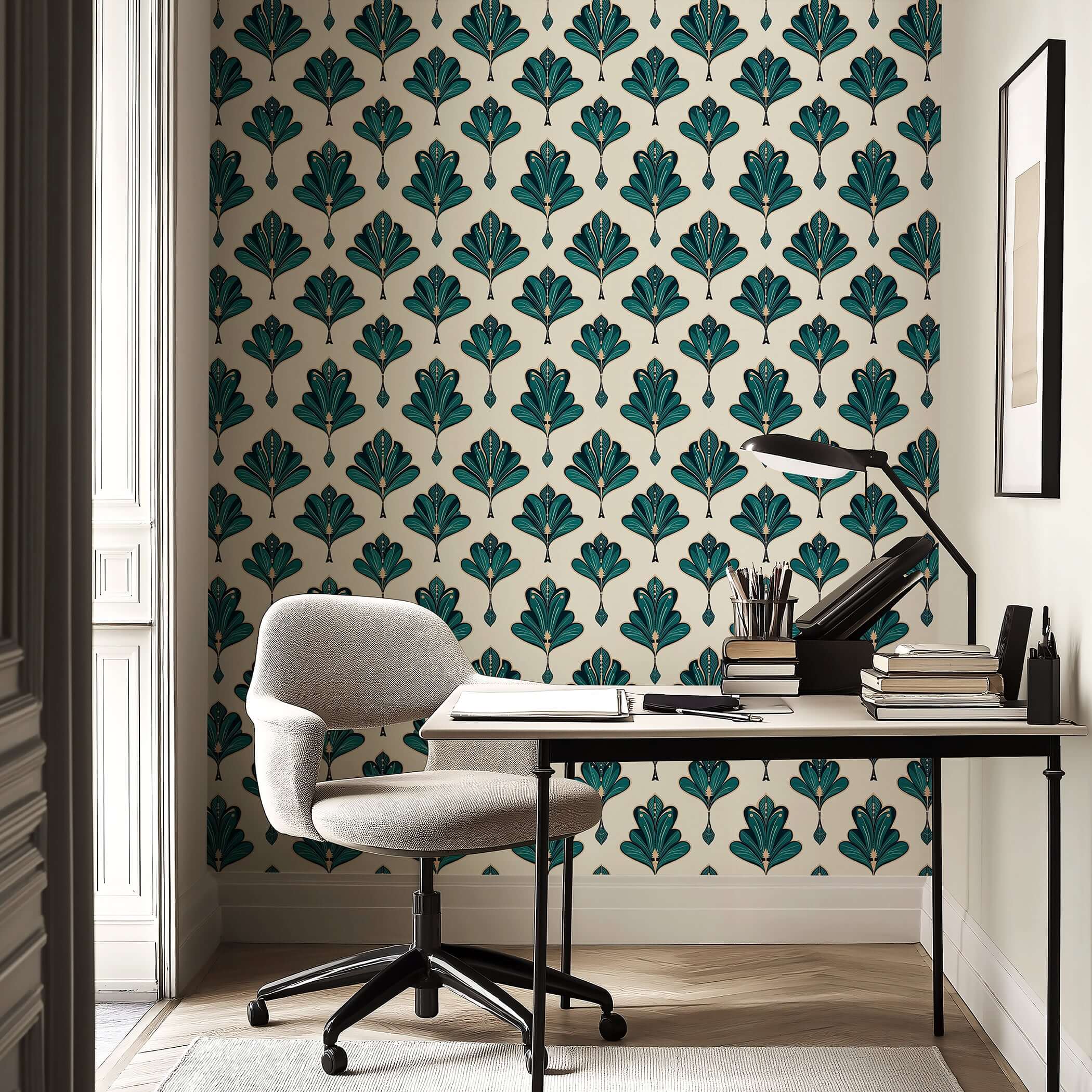 Art Deco wallpaper with emerald green fan-like leaf pattern in a modern office setting.