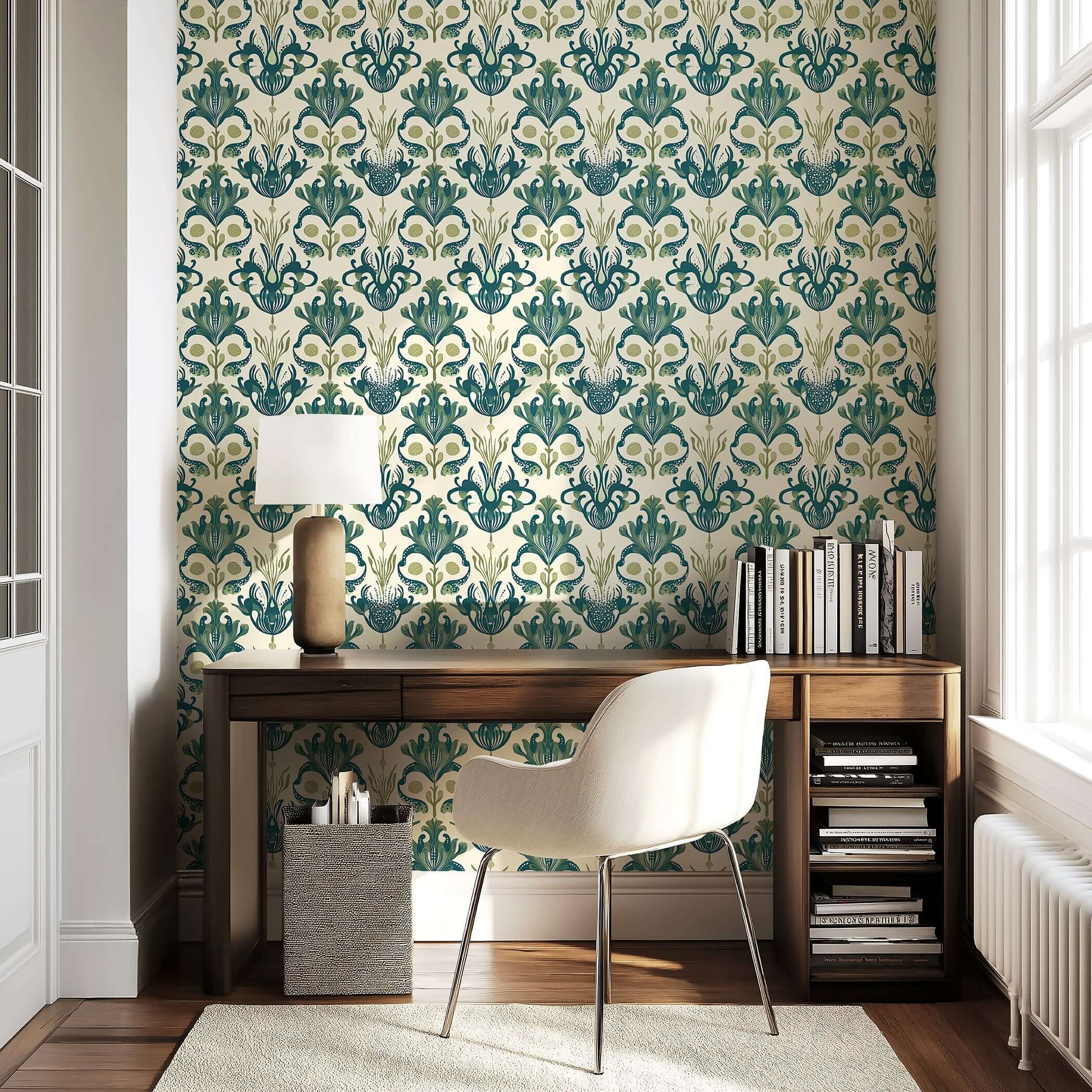 Deep Sea Splendor wallpaper featuring octopus damask patterns in oceanic greens, adding coastal beauty to a room.