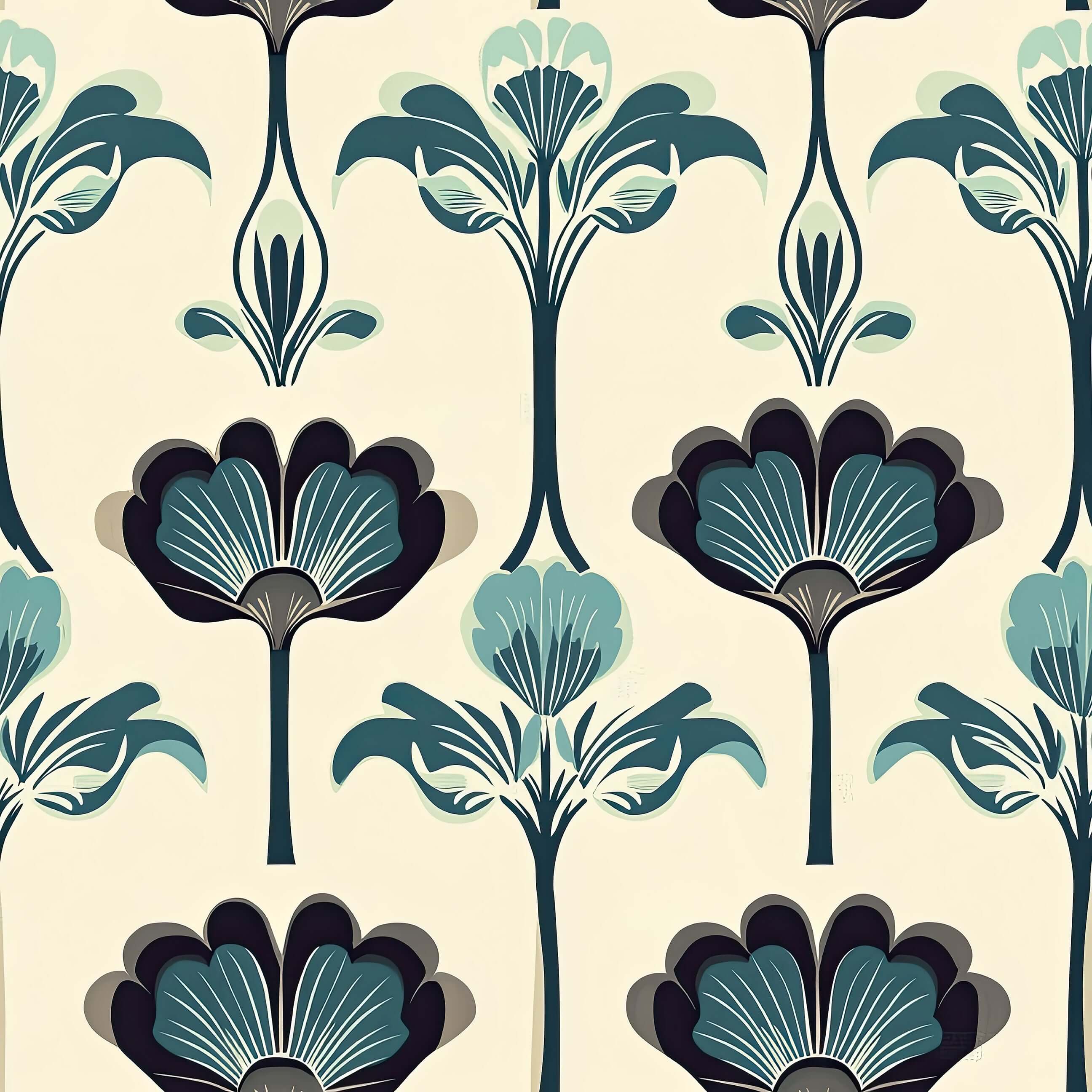 Art Nouveau Botanique wallpaper featuring teal floral motifs with leaves, showcasing vintage-inspired, modern design elegance.