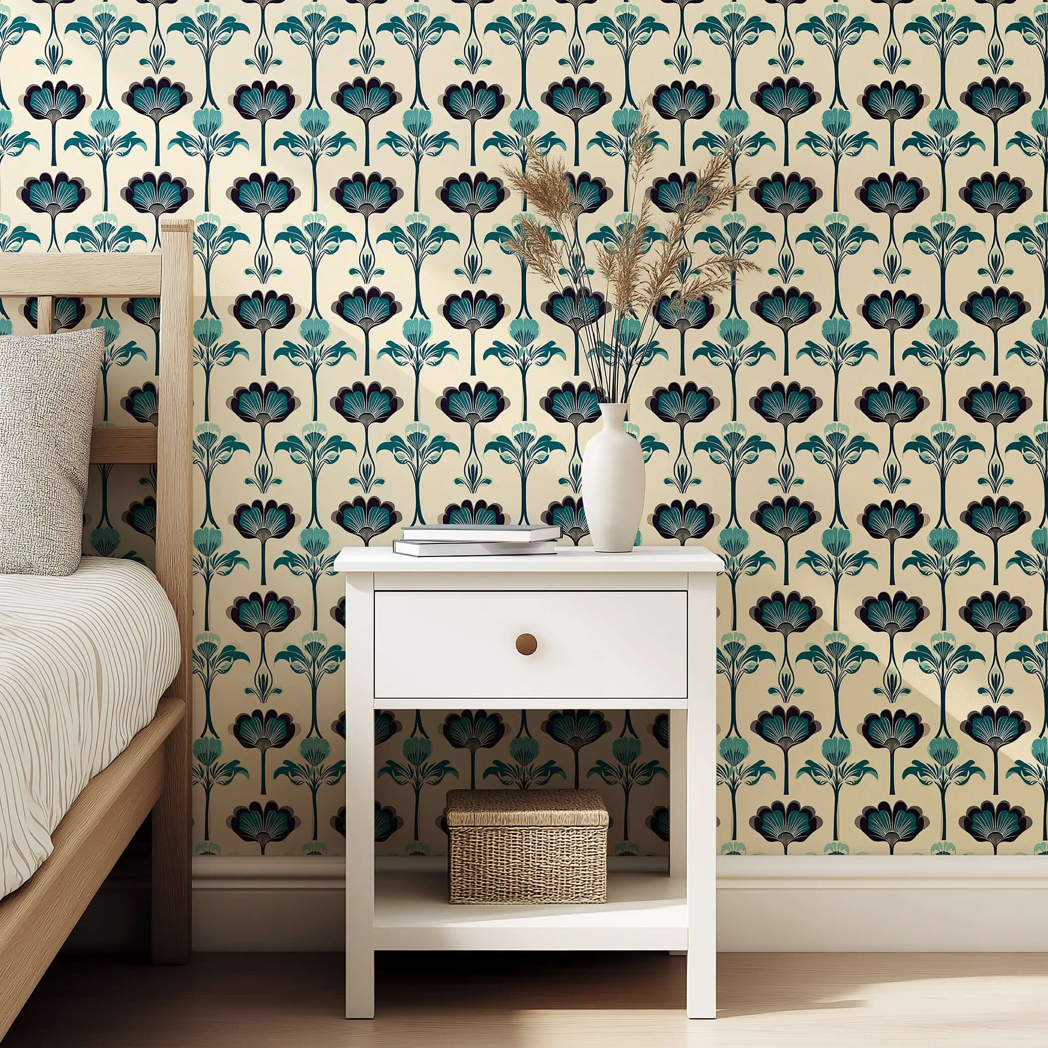 Art Nouveau Botanique wallpaper with floral and leaf motifs in teal, cream, and black, enhancing a cozy bedroom's modern design.