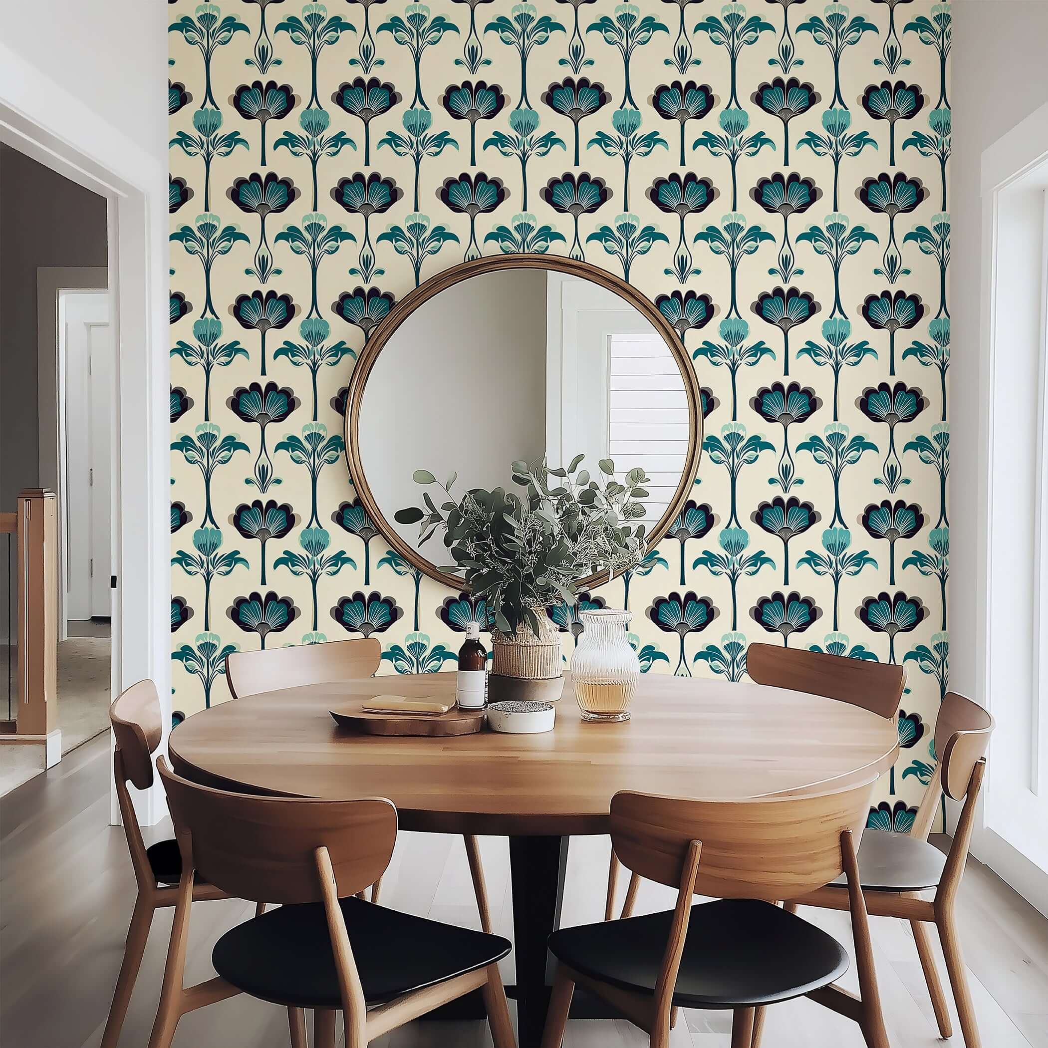 Art Nouveau Botanique wallpaper with teal florals and leaves decorates modern dining room wall, reflecting classic elegance.
