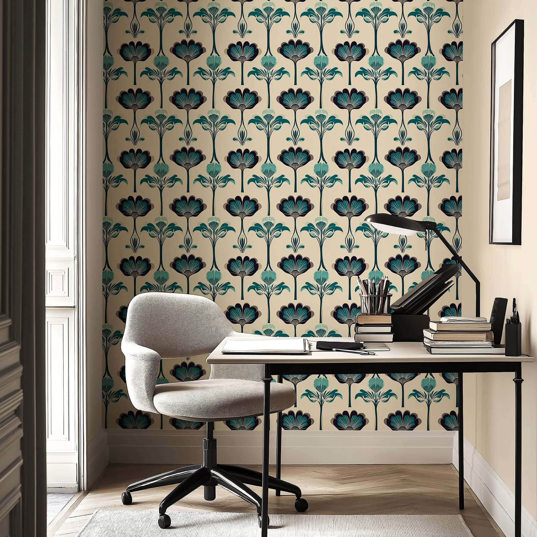 Art Nouveau Botanique wallpaper with teal floral motifs, cream and black accents, showcasing vintage-inspired modern design for stylish interiors.