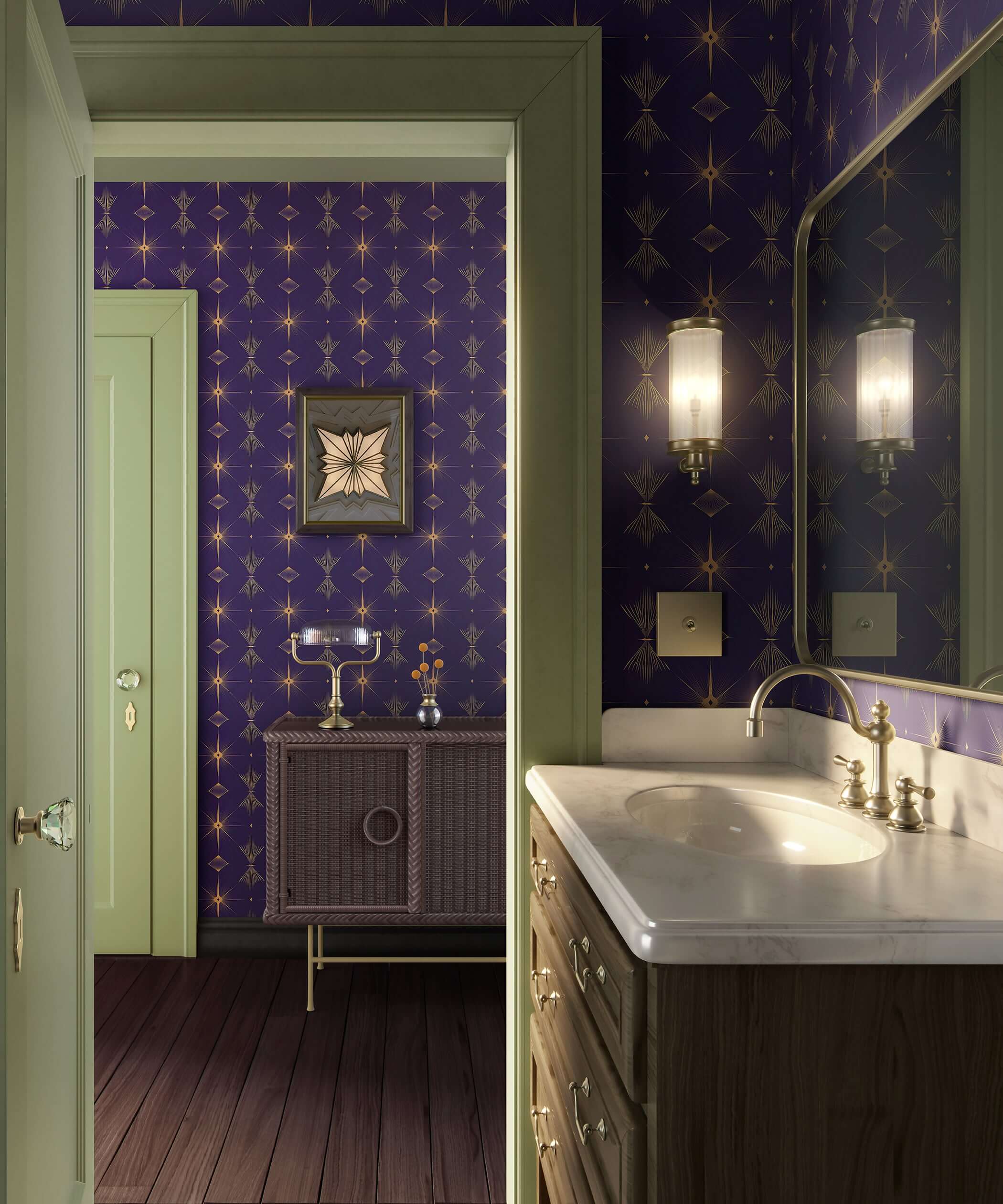 Art Deco bathroom with purple geometric wallpaper and golden accents