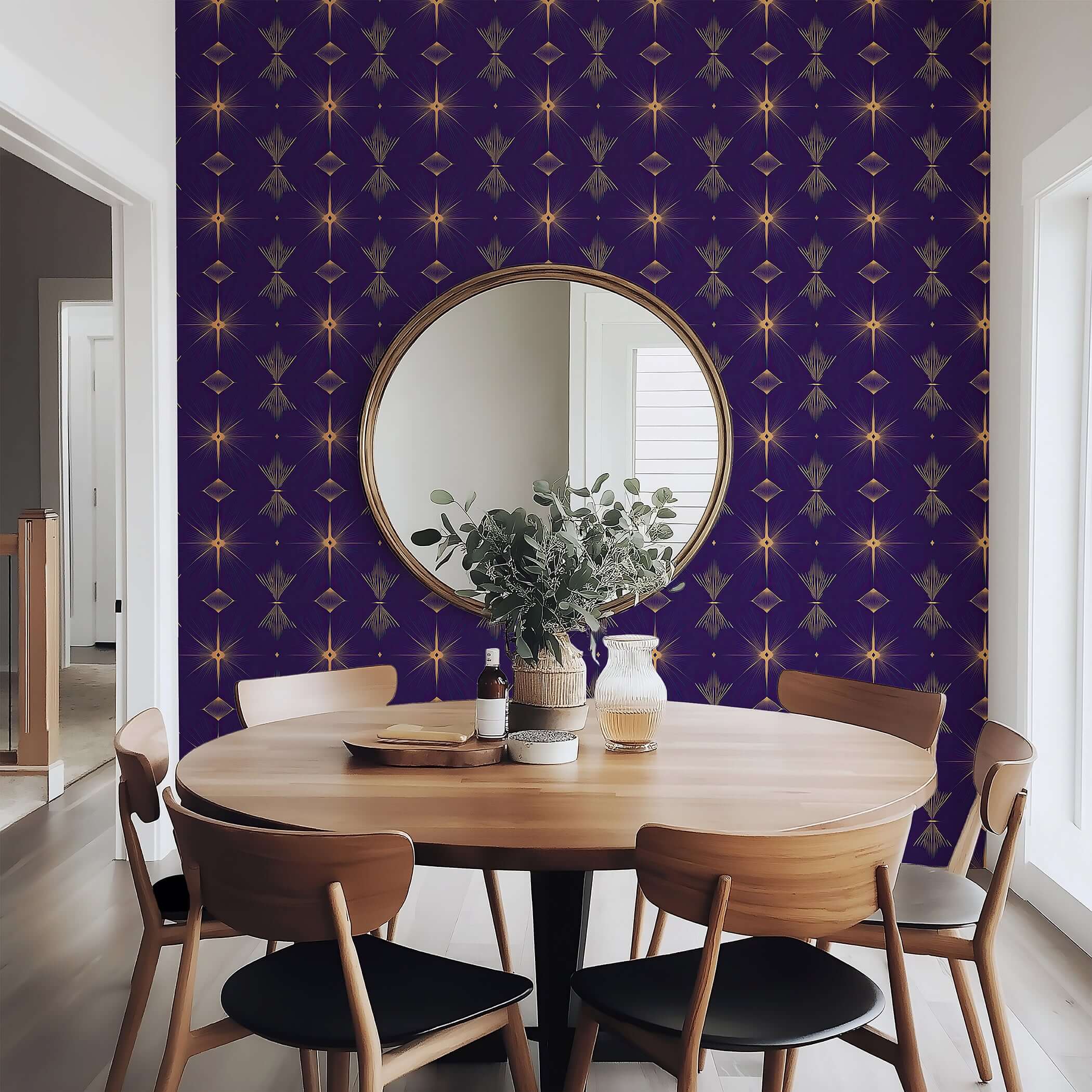 Dining room featuring Deco Twilight wallpaper with bold Art Deco geometric patterns in dark and vibrant colors, creating elegance.