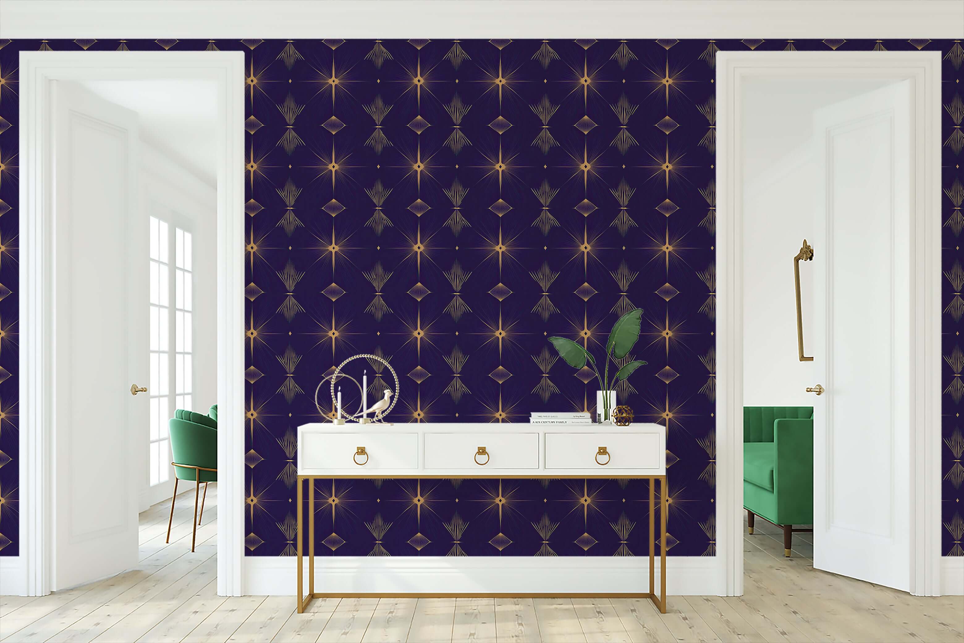 Art Deco Twilight wallpaper with dark colors and golden geometric patterns enhancing a modern interior space.