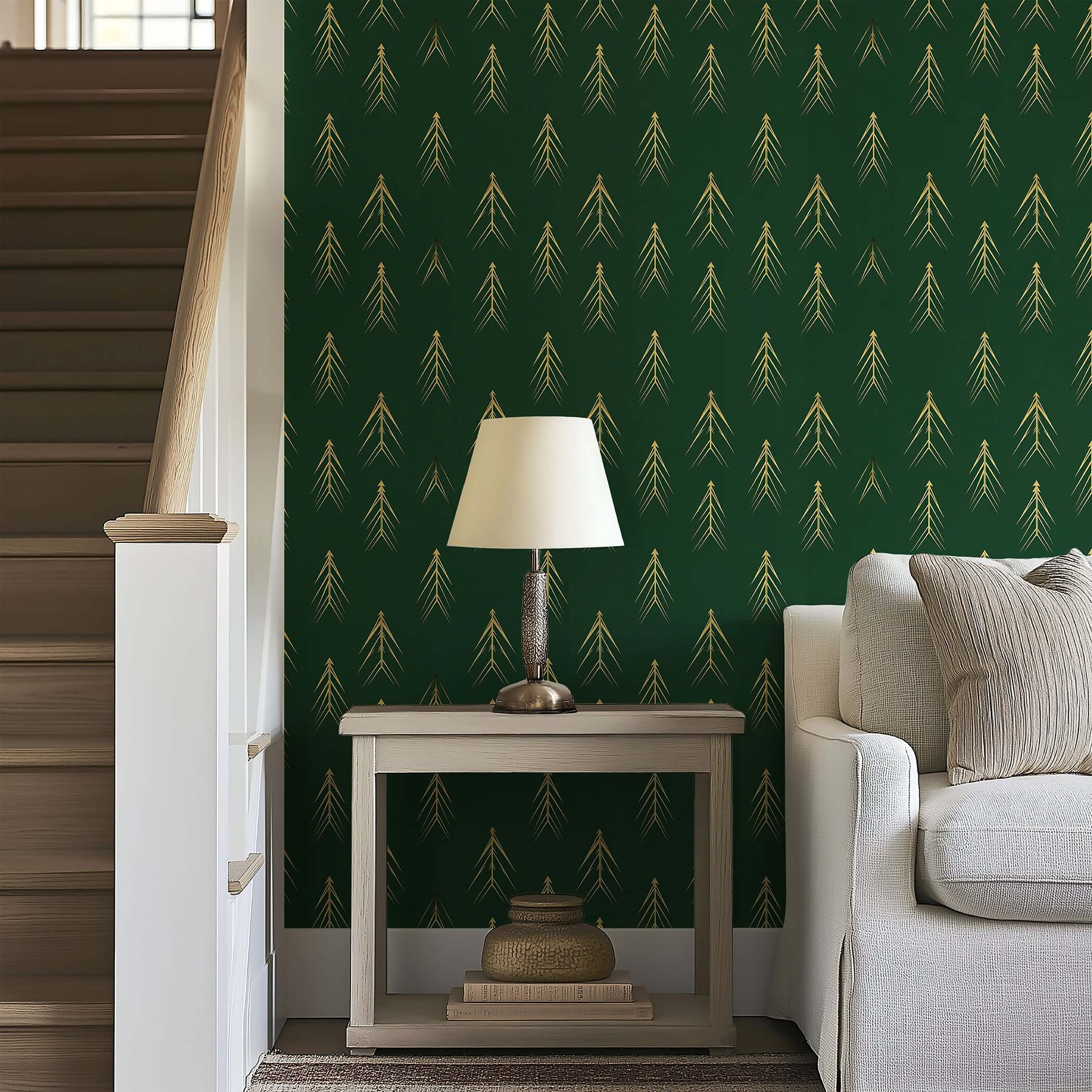 Modern Evergreen Luxe Wallpaper with golden tree silhouettes on forest green, enhancing a modern design living room.