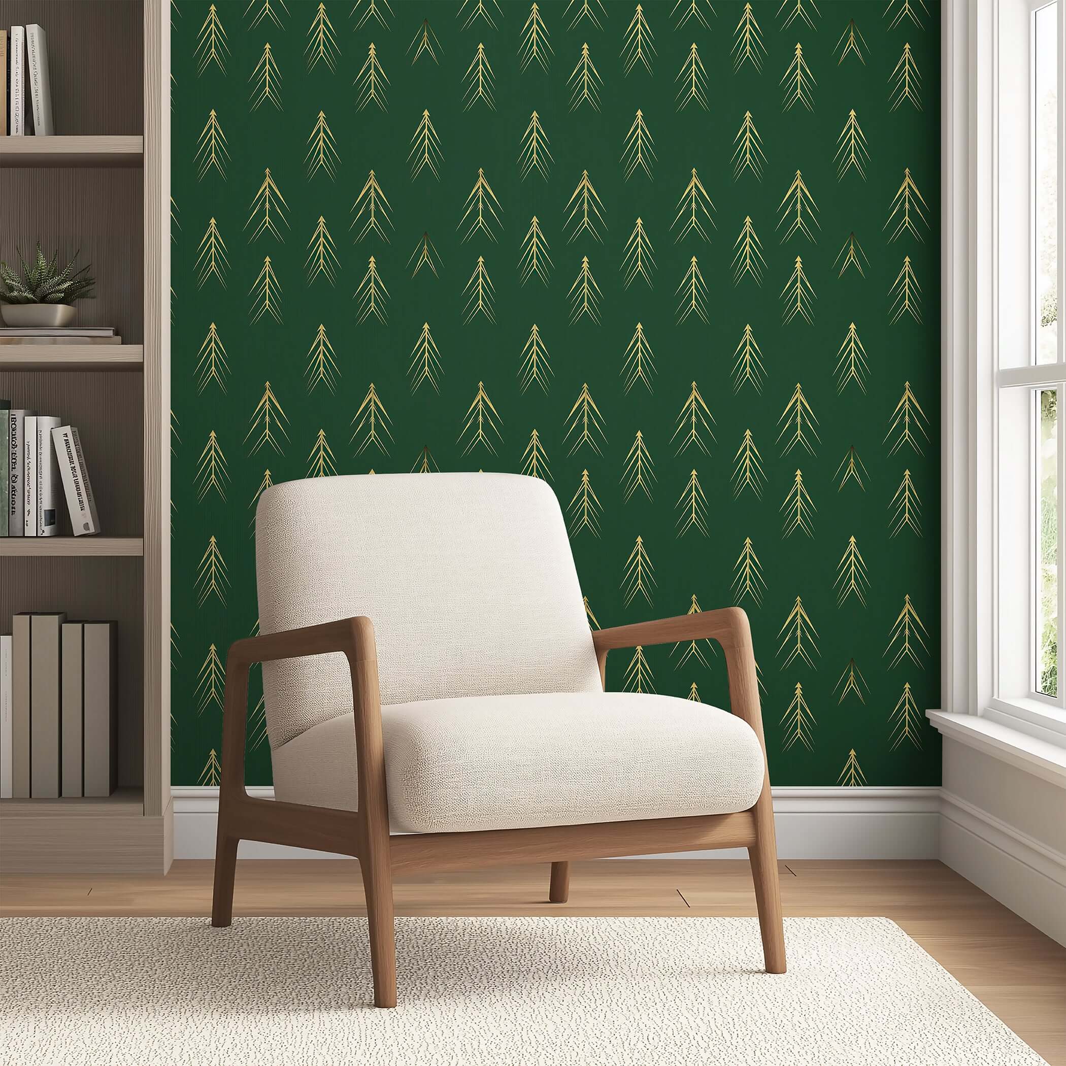 Stylized evergreen tree wallpaper on green backdrop with beige chair; modern, abstract design for contemporary interiors.