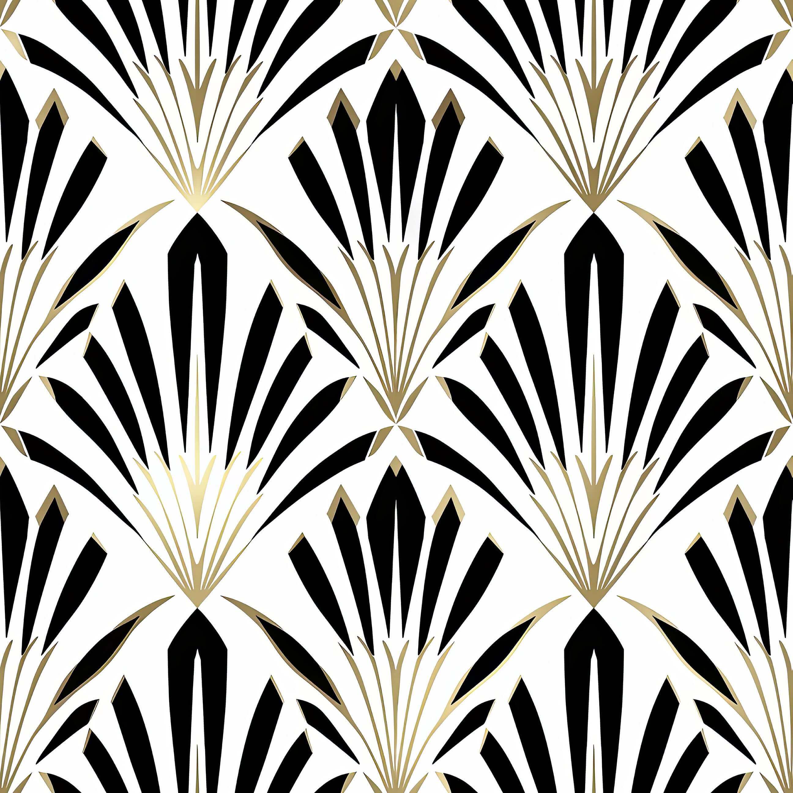 Bold Art Deco geometric wallpaper with black and white fan motifs and gold lines, ideal for stylish, modern interiors.