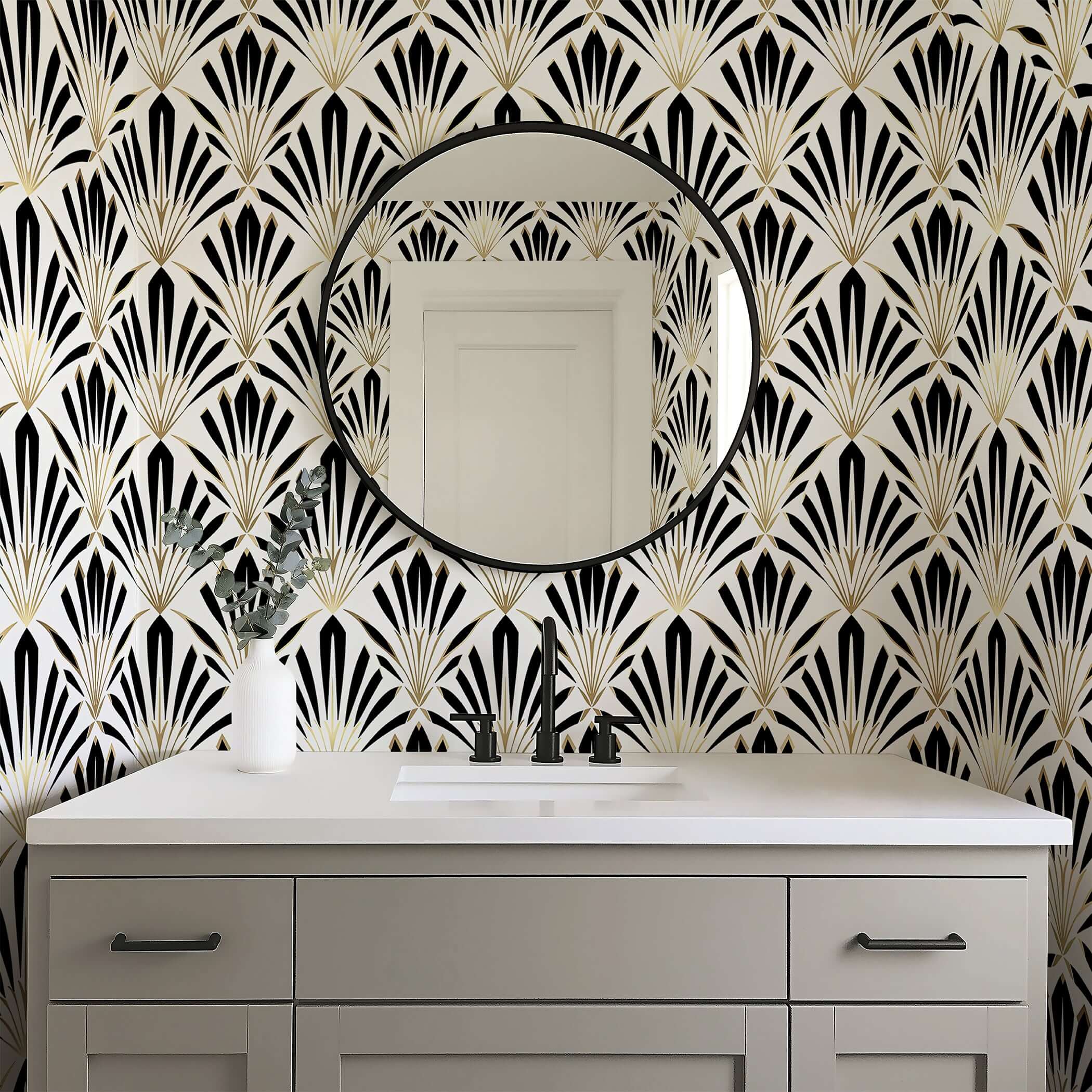 Art Deco geometric wallpaper with black, white, and gold fan motifs in a stylish bathroom setting.