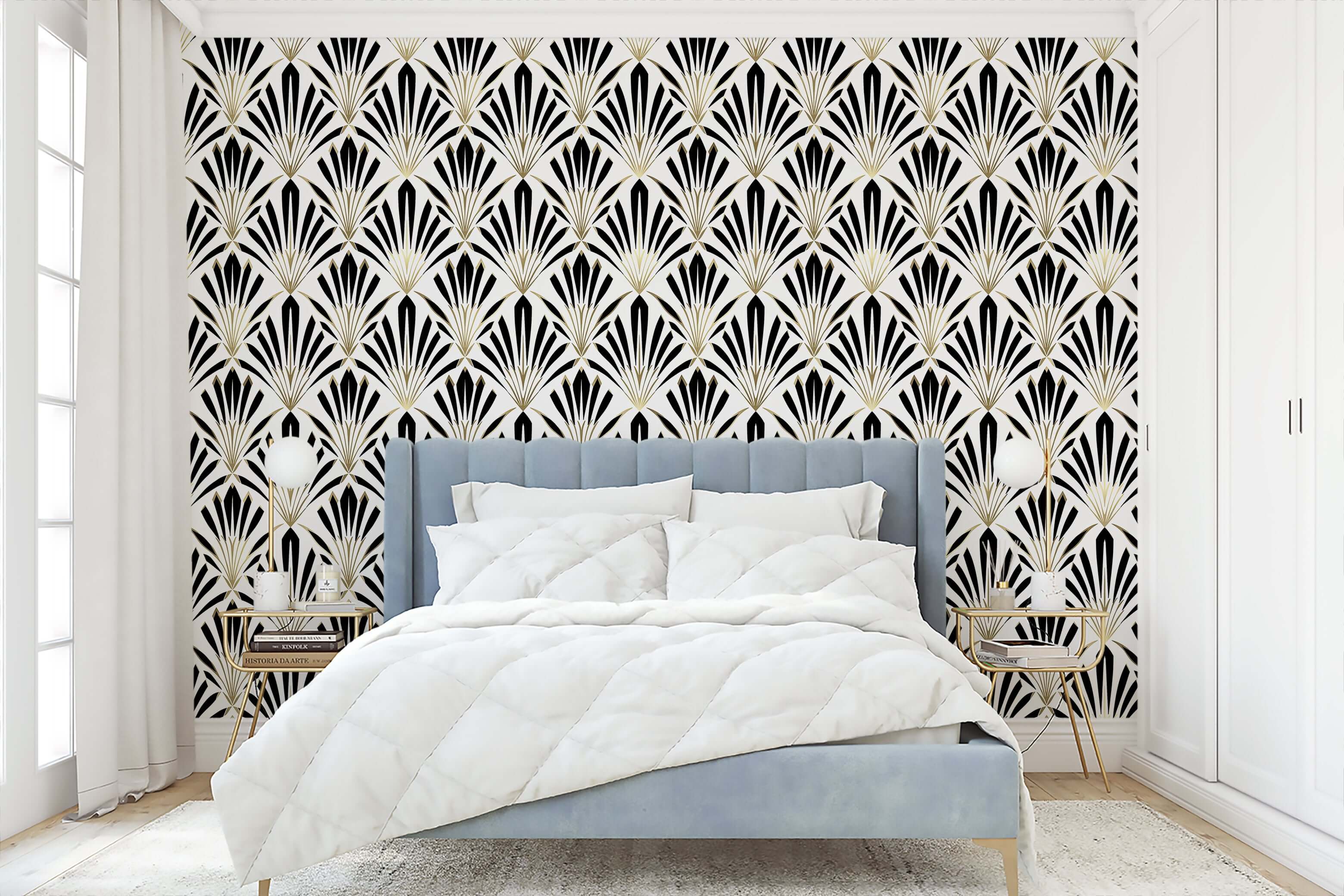 Black and white Art Deco wallpaper with geometric fan motifs and gold lines in a modern bedroom setting. Perfect for statement walls.