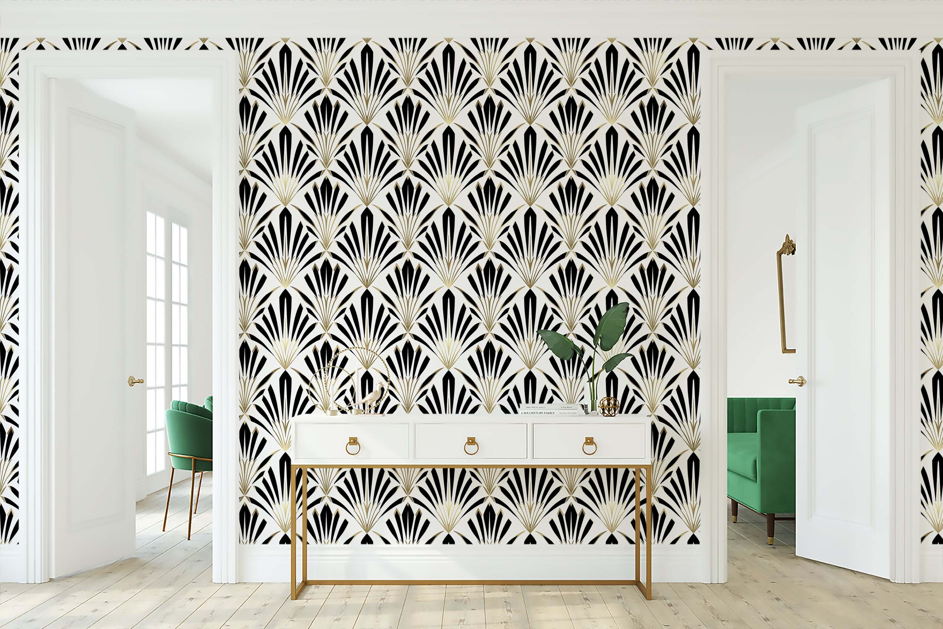 Art Deco black and white geometric wallpaper with gold lines for a sophisticated and luxurious interior design.