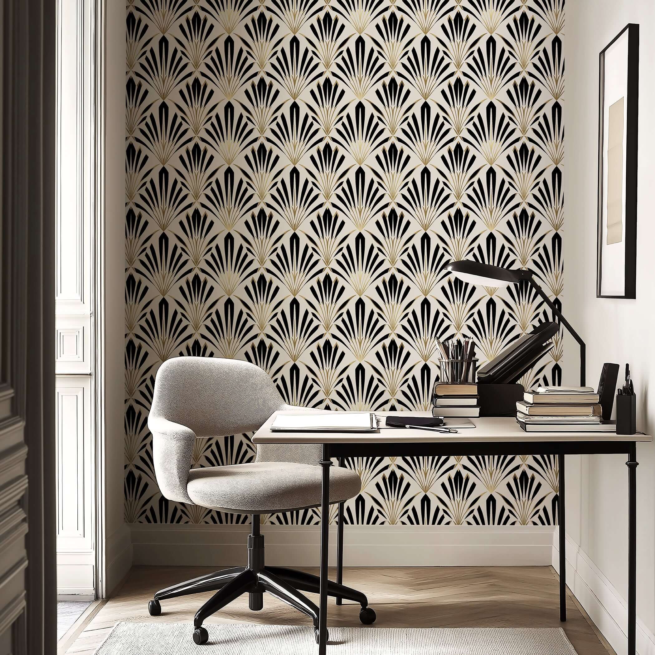 Art Deco geometric wallpaper with black and white fan motifs and gold accents, perfect for elegant, modern living or study spaces.