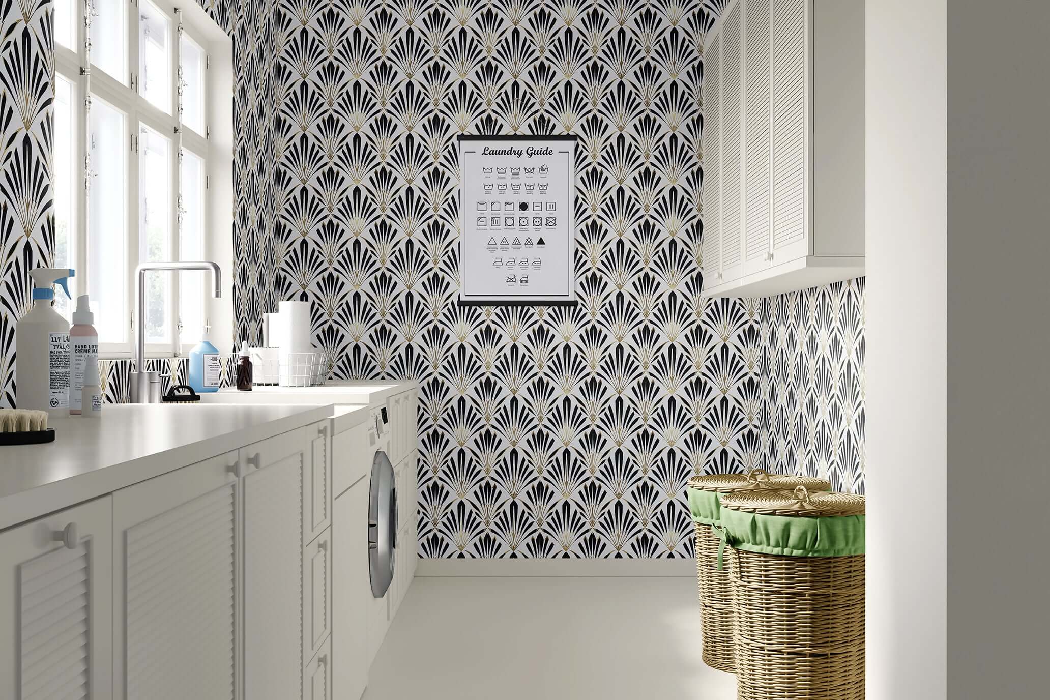 Black and white Art Deco wallpaper with geometric fan motifs in a chic laundry room, showcasing Deco Dynasty's sophisticated design.