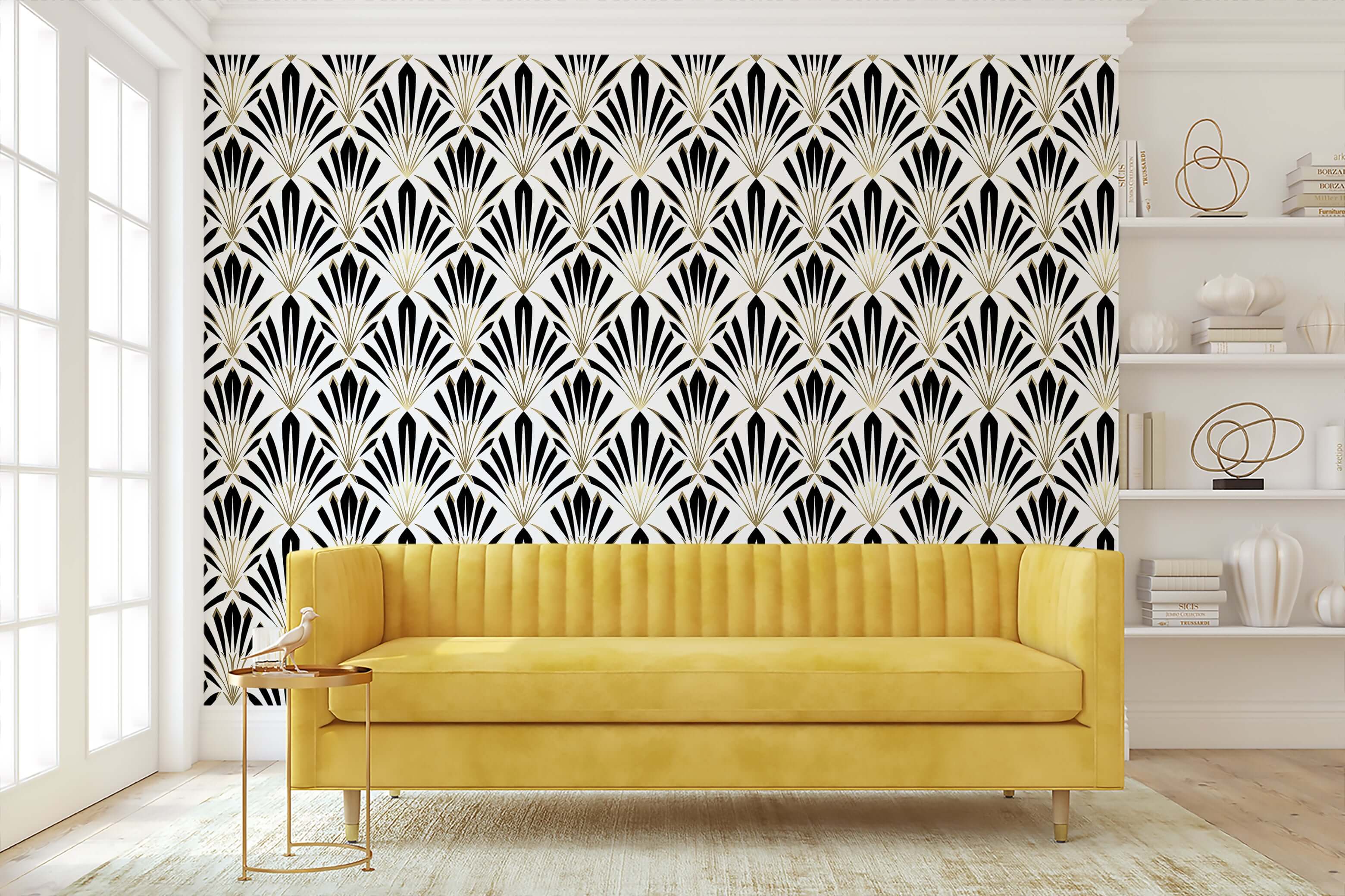 Art Deco geometric wallpaper with black and white fan motifs and gold lines in a luxurious living room with a yellow couch.