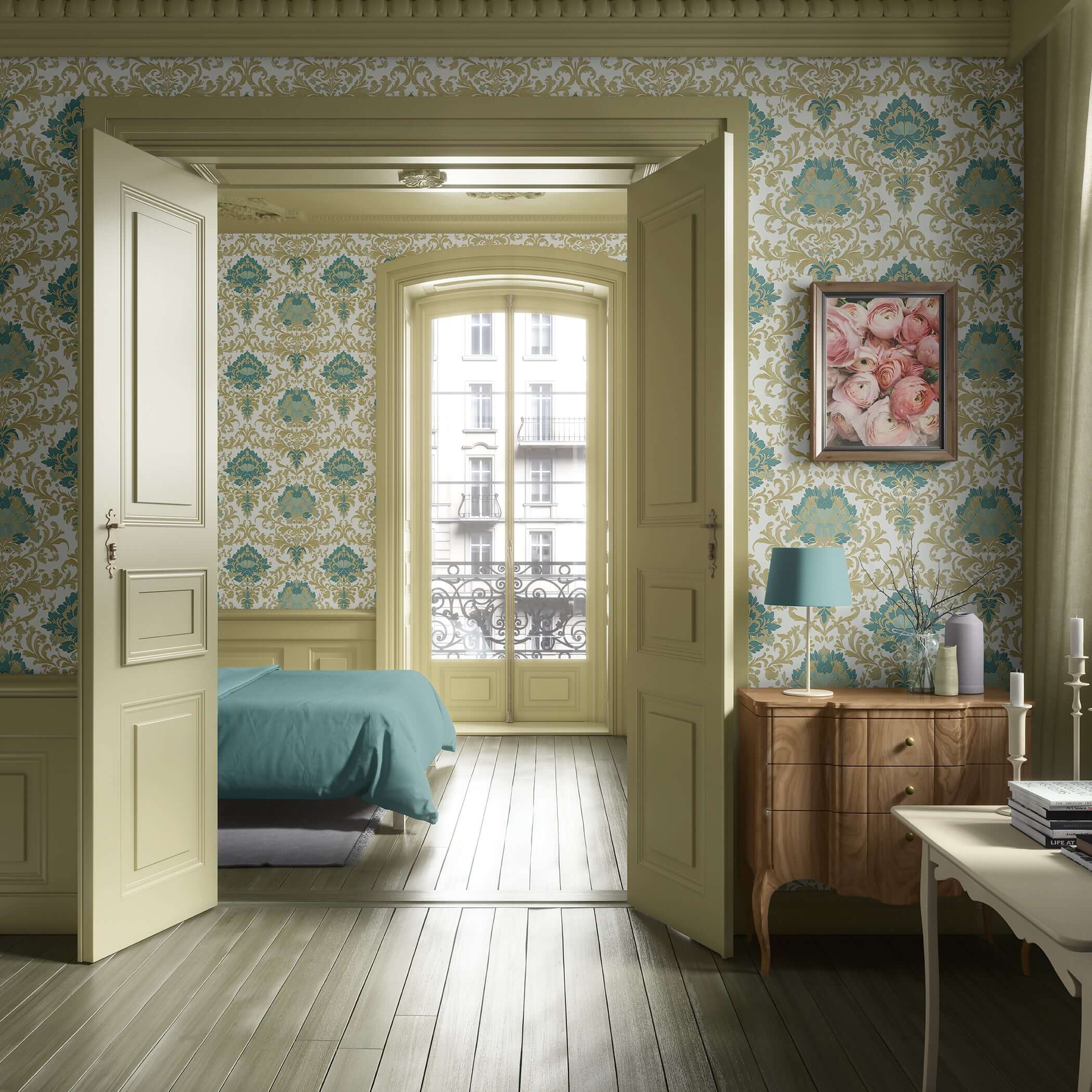 Elegant room with Golden Tapestry Revival wallpaper featuring teal and gold damask floral scrollwork for a classic and timeless look.