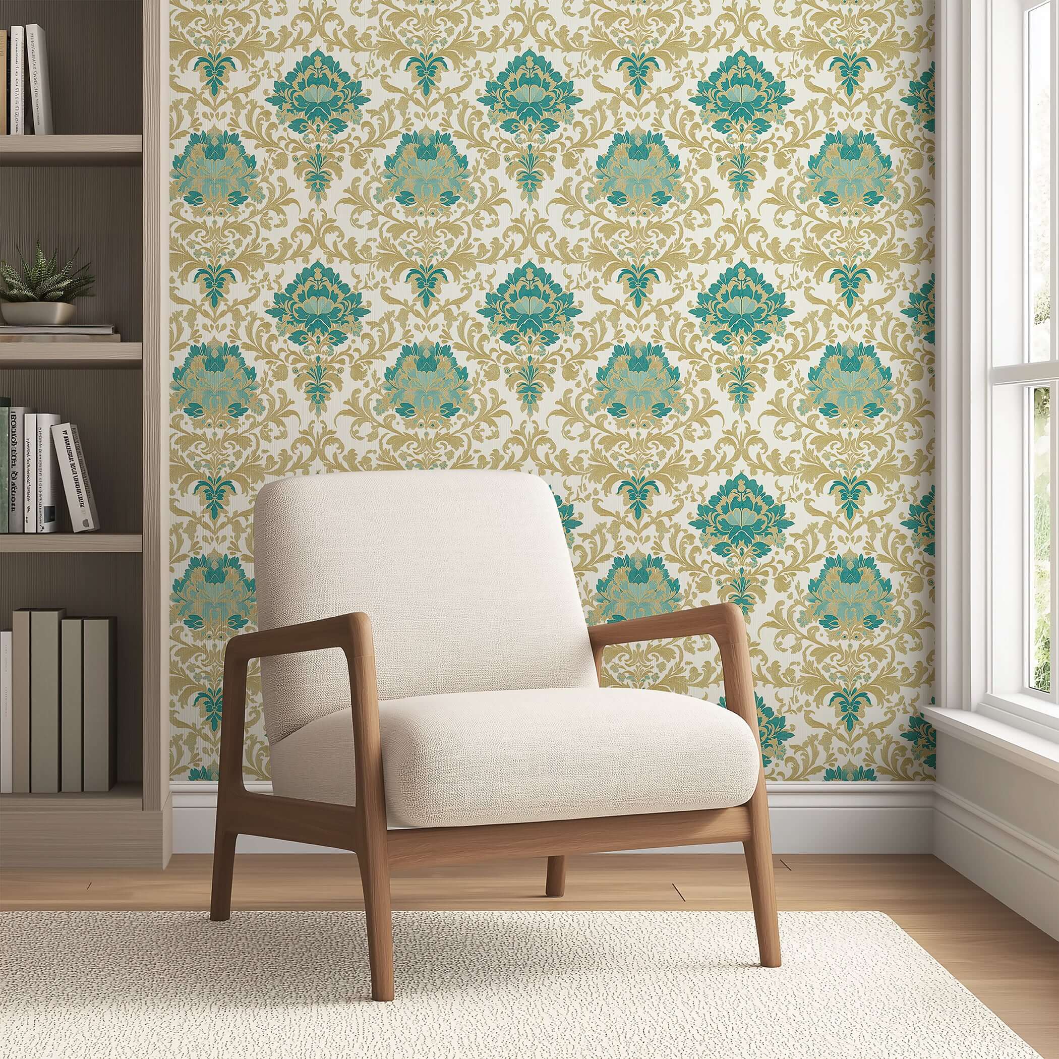 Classic damask wallpaper in teal and gold with a beige armchair, perfect for timeless elegance in living space decor.