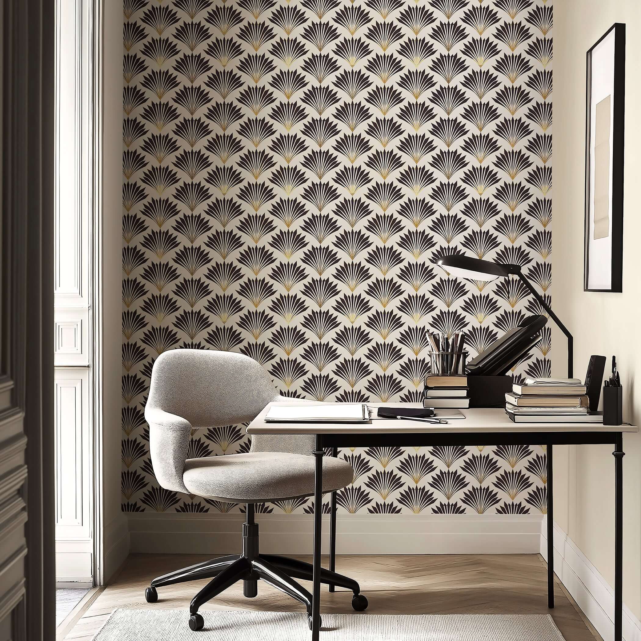Metropolitan Deco wallpaper with black fan motifs and gold highlights in an Art Deco style, enhancing a modern office space.