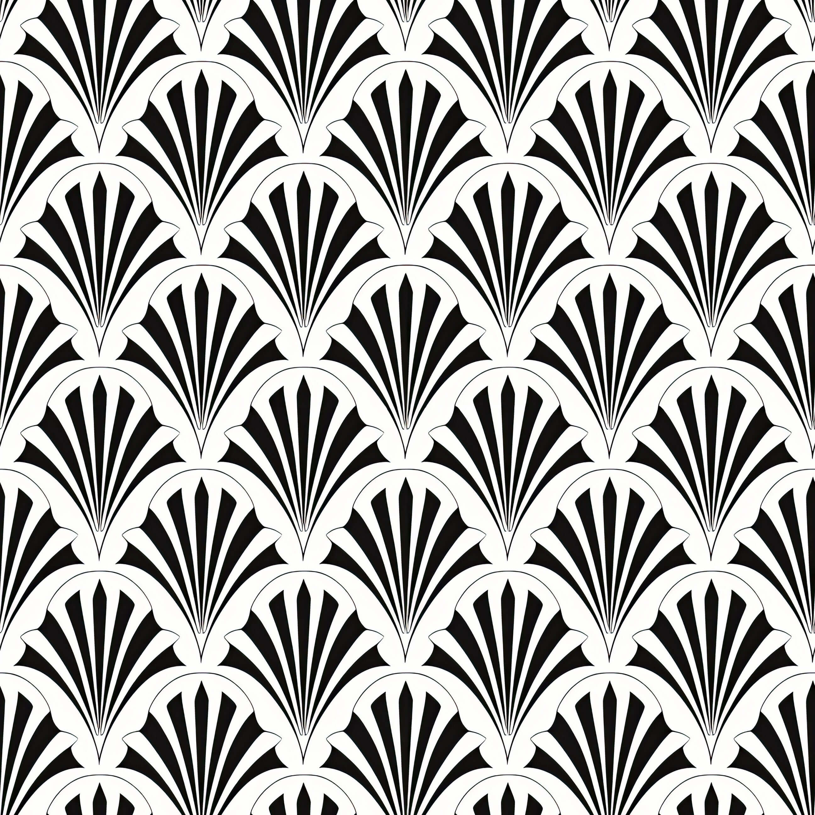 Art Deco fan garden wallpaper with geometric black fan-shaped pattern on white background, showcasing 1920s design elegance.