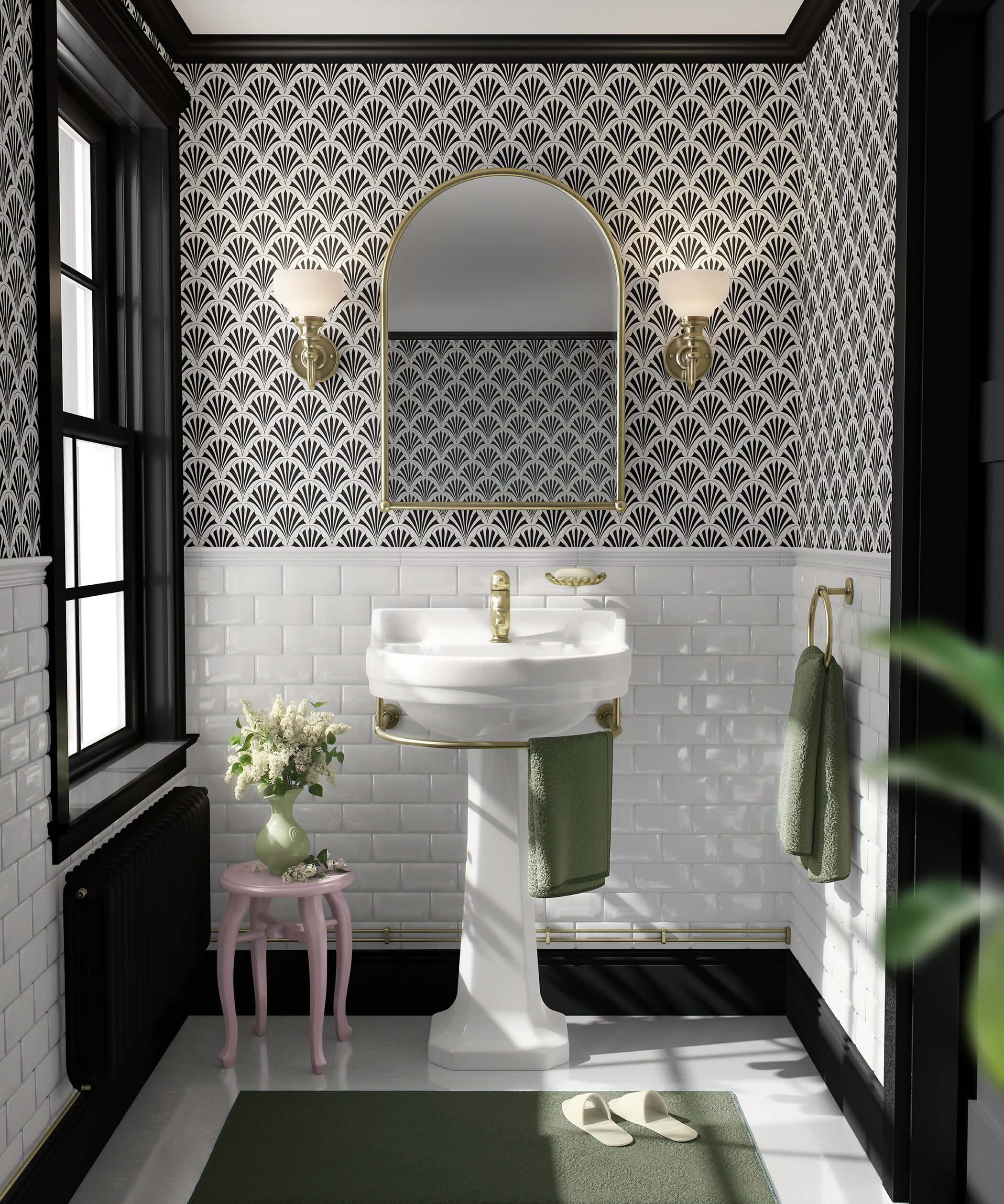Art Deco Fan Garden wallpaper in a bathroom with geometric fan pattern, black and white color scheme, enhancing vintage elegance.