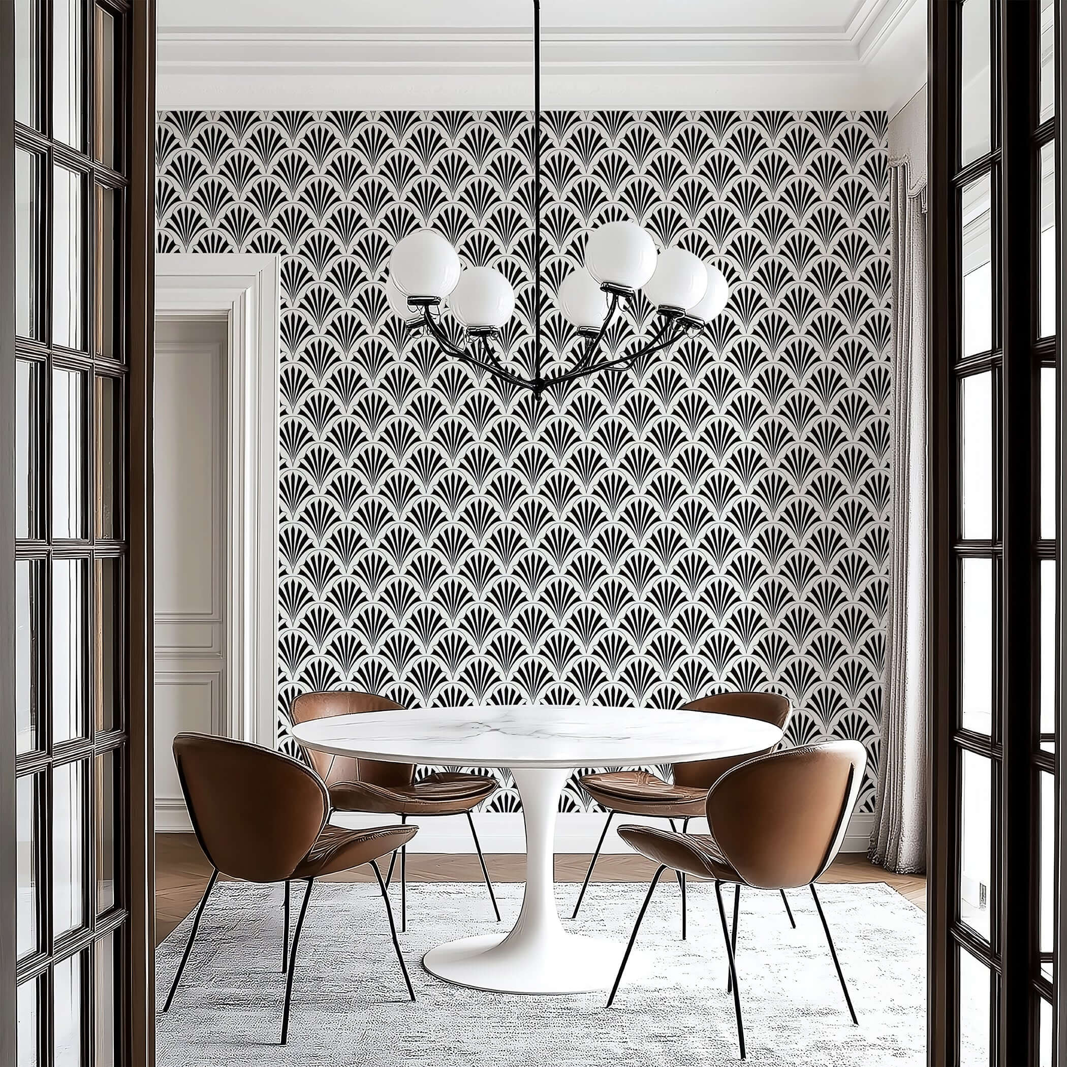 Art Deco fan garden wallpaper in a dining room, showcasing bold black and white geometric patterns with fan motifs.