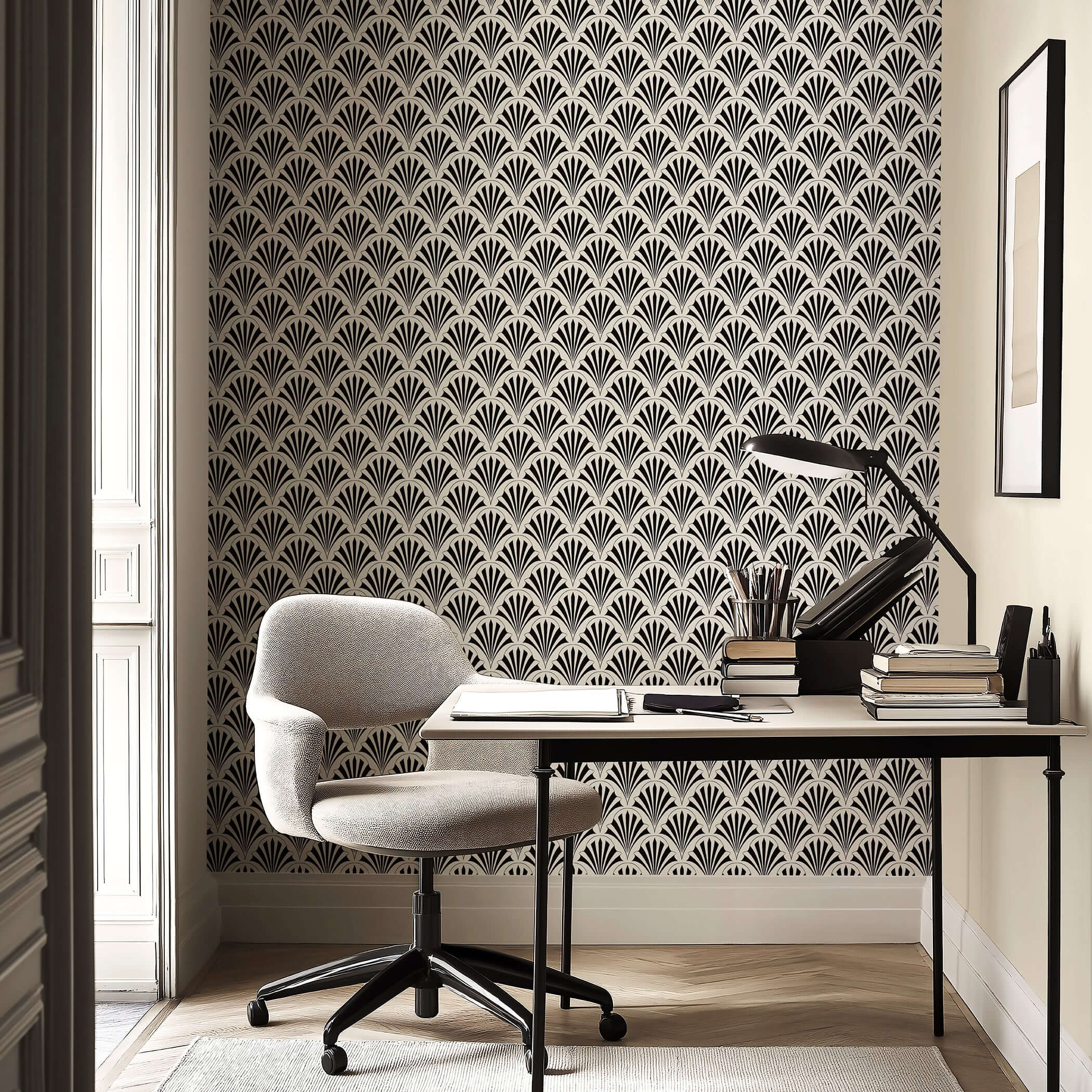 Art Deco Fan Garden wallpaper with black geometric fan pattern on a white background, adding vintage elegance to a modern office space.