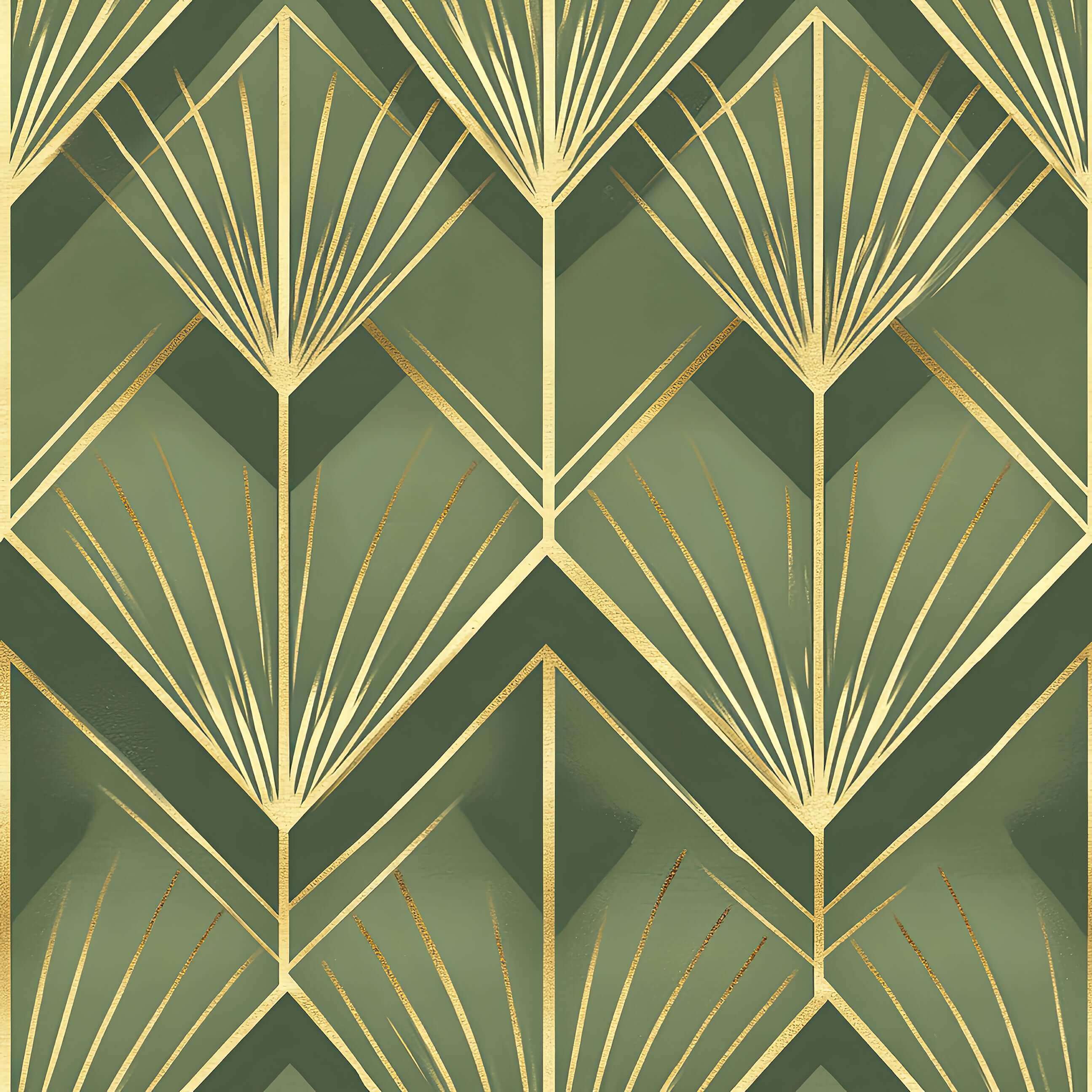 Art Deco vintage design wallpaper with emerald green and gold palm patterns, ideal for statement walls in living and dining rooms.