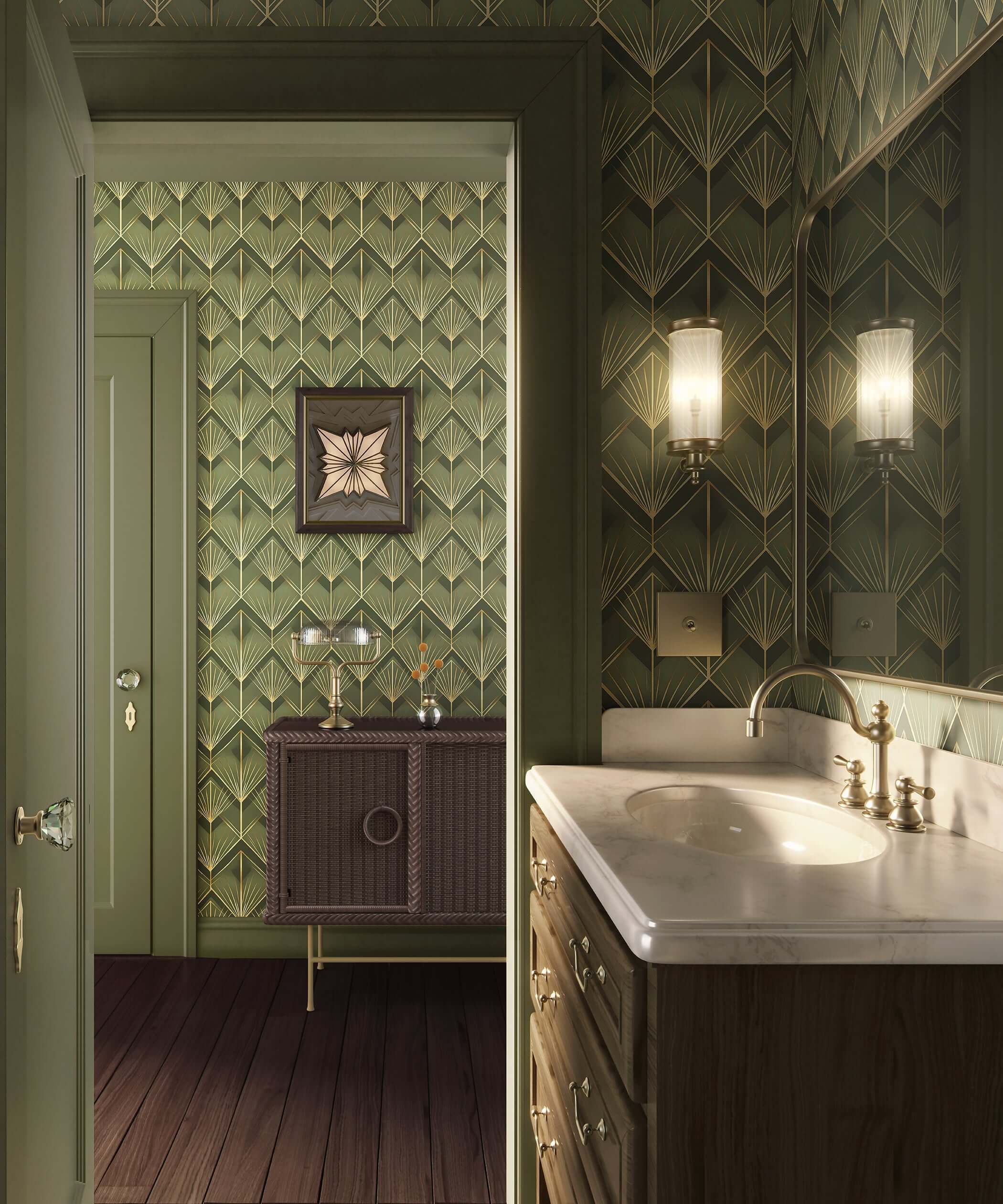 Art Deco bathroom with Emerald Luxe Palm Deco wallpaper in green and gold, featuring vintage design elements and elegant furnishings.