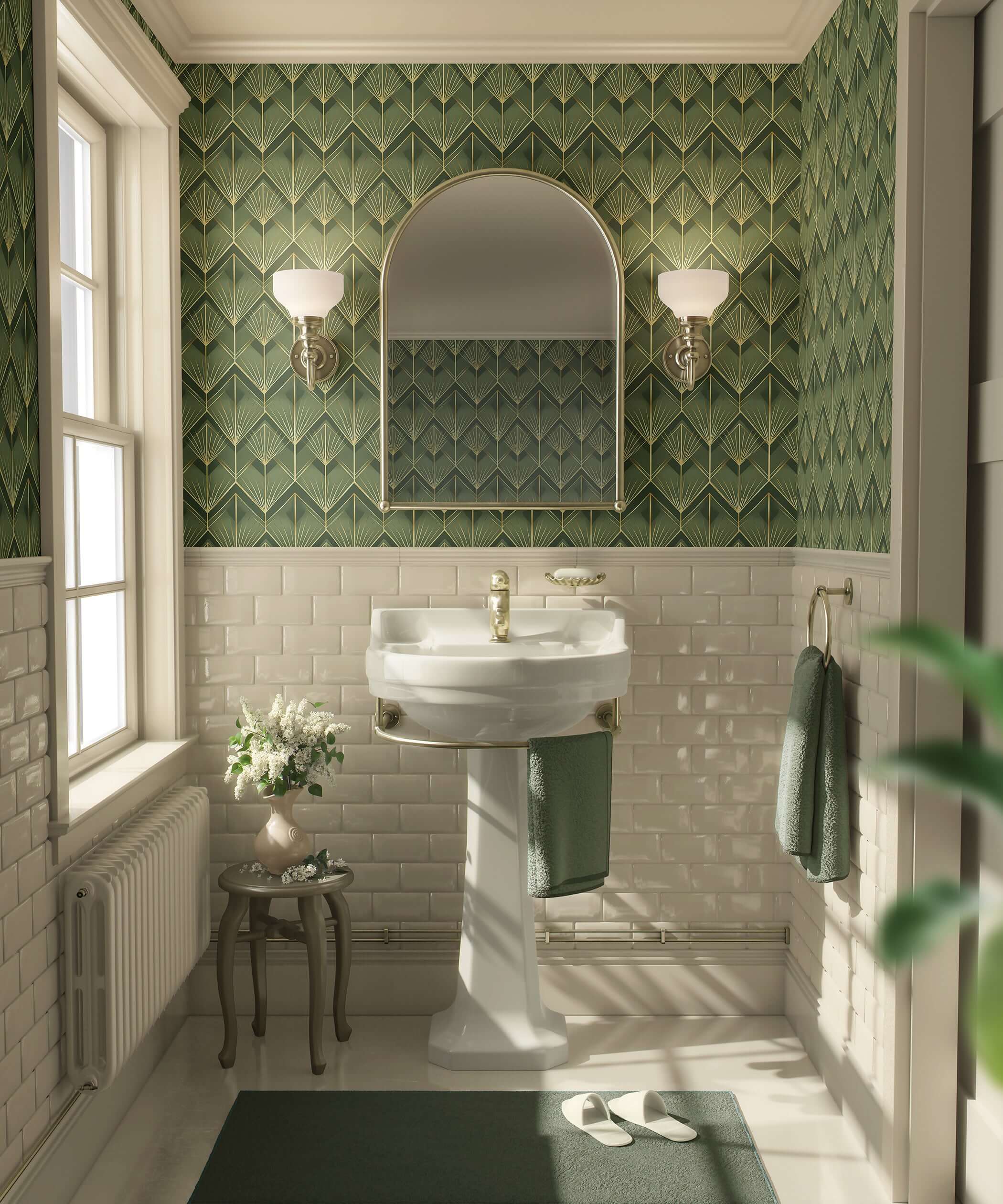 Bathroom featuring Emerald Luxe Palm Deco wallpaper with art deco palm design in emerald green and gold accents.