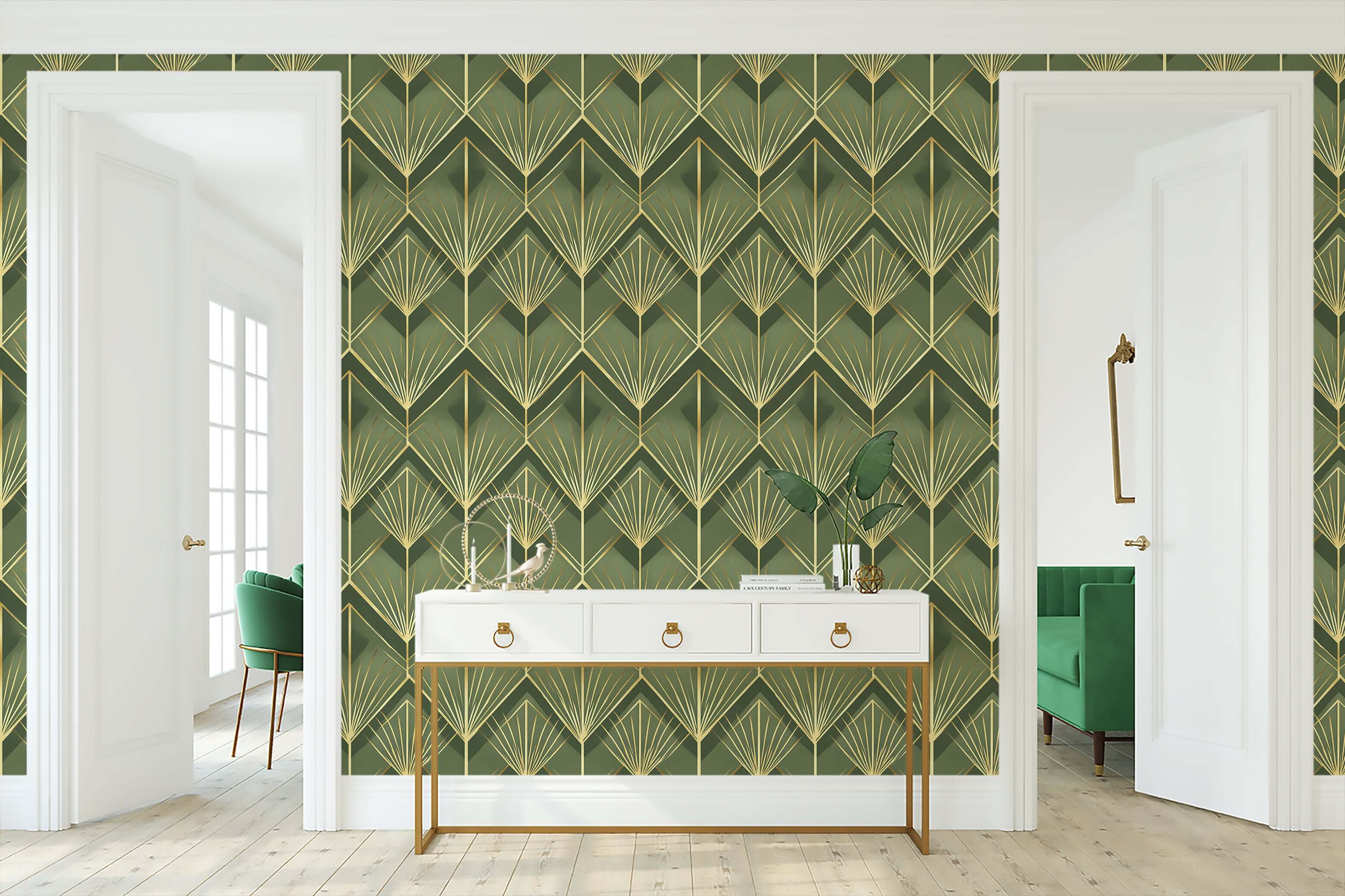 Elegant Art Deco inspired emerald green palm wallpaper with gold geometric designs in a living room setting.