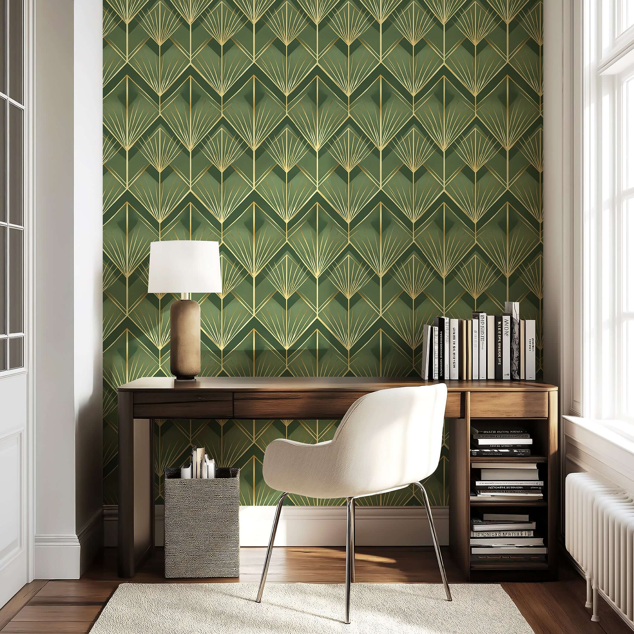 Emerald Luxe Palm Deco wallpaper featuring vintage art deco palm pattern with gold accents in a stylish room setting.