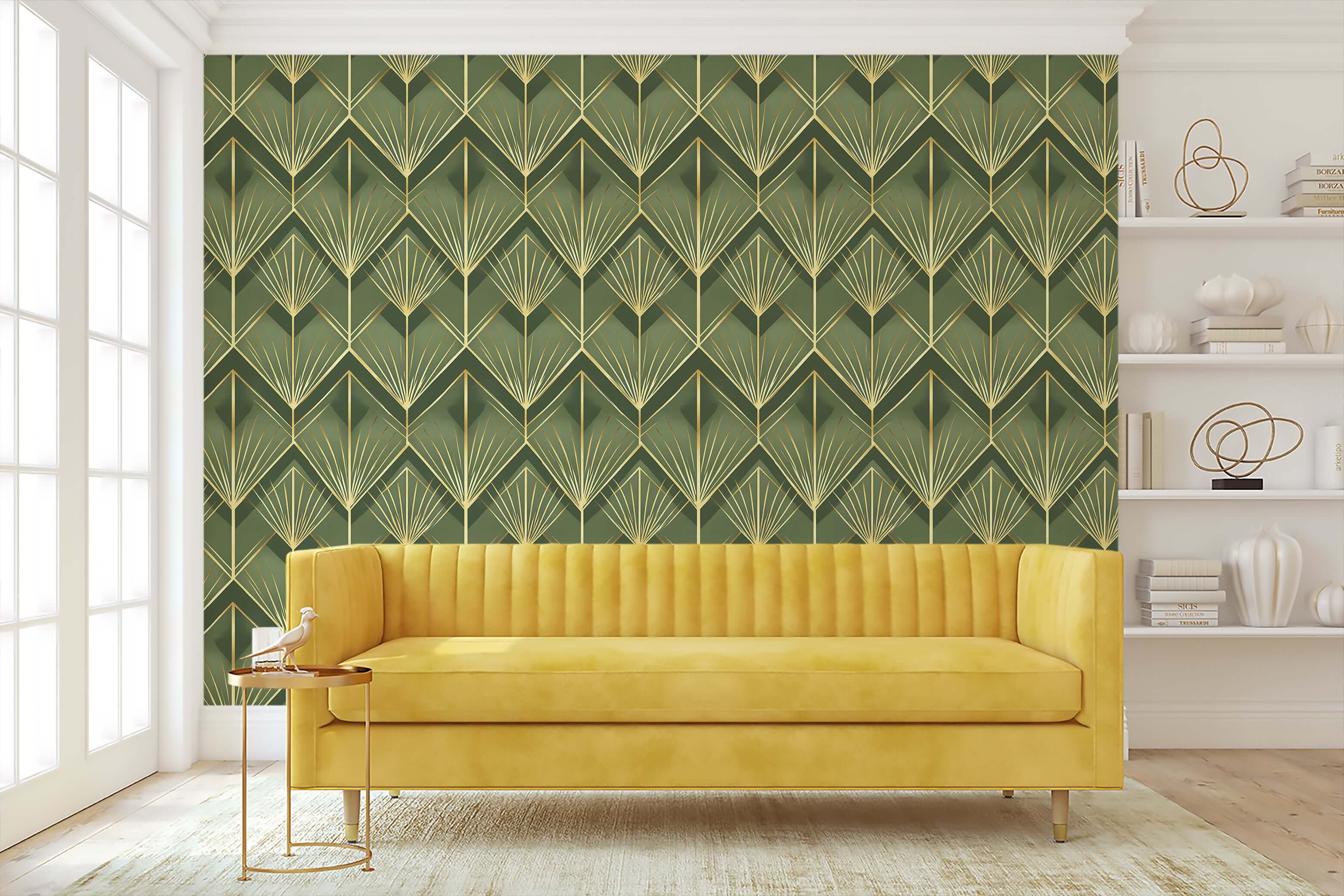 Emerald Luxe Palm Deco Wallpaper with Art Deco design in green and gold, perfect for vintage-inspired statement walls.