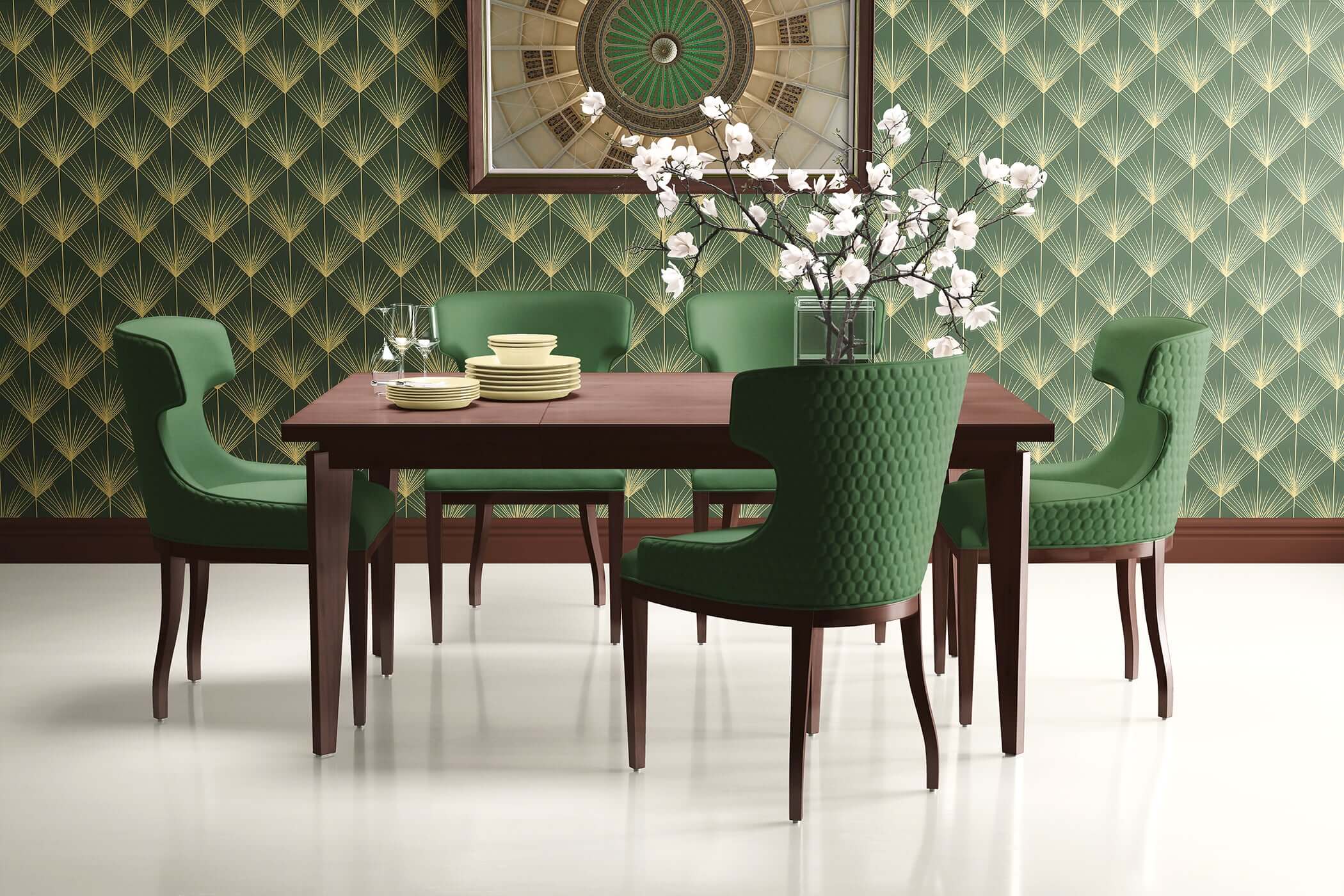 Art Deco dining room featuring Jazz Age Emerald Palm wallpaper, with green chairs and a wooden table, showcasing vintage design elegance.