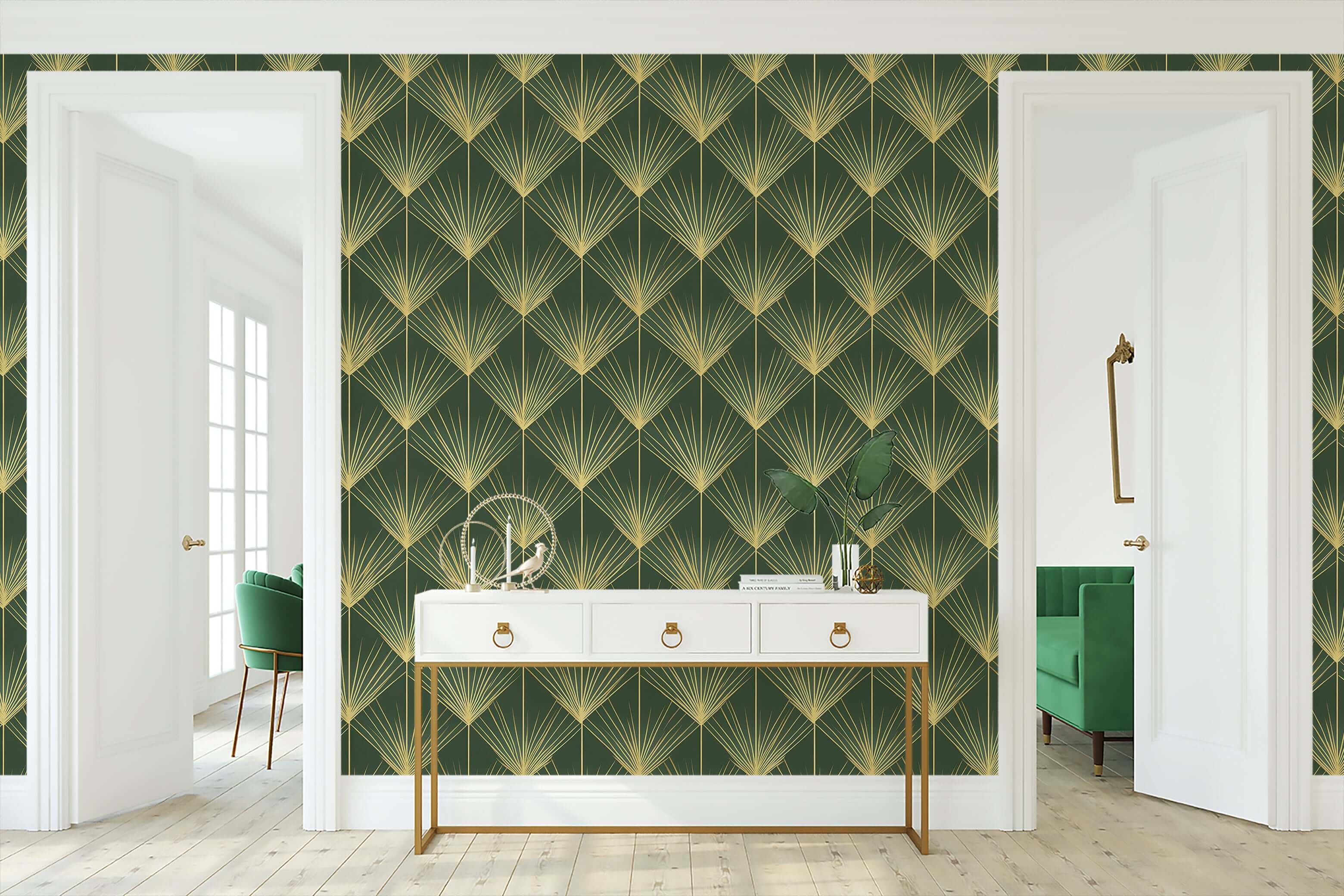 Emerald palm Art Deco wallpaper with gold fronds in a modern room, highlighting 1920s vintage design and geometric elegance.