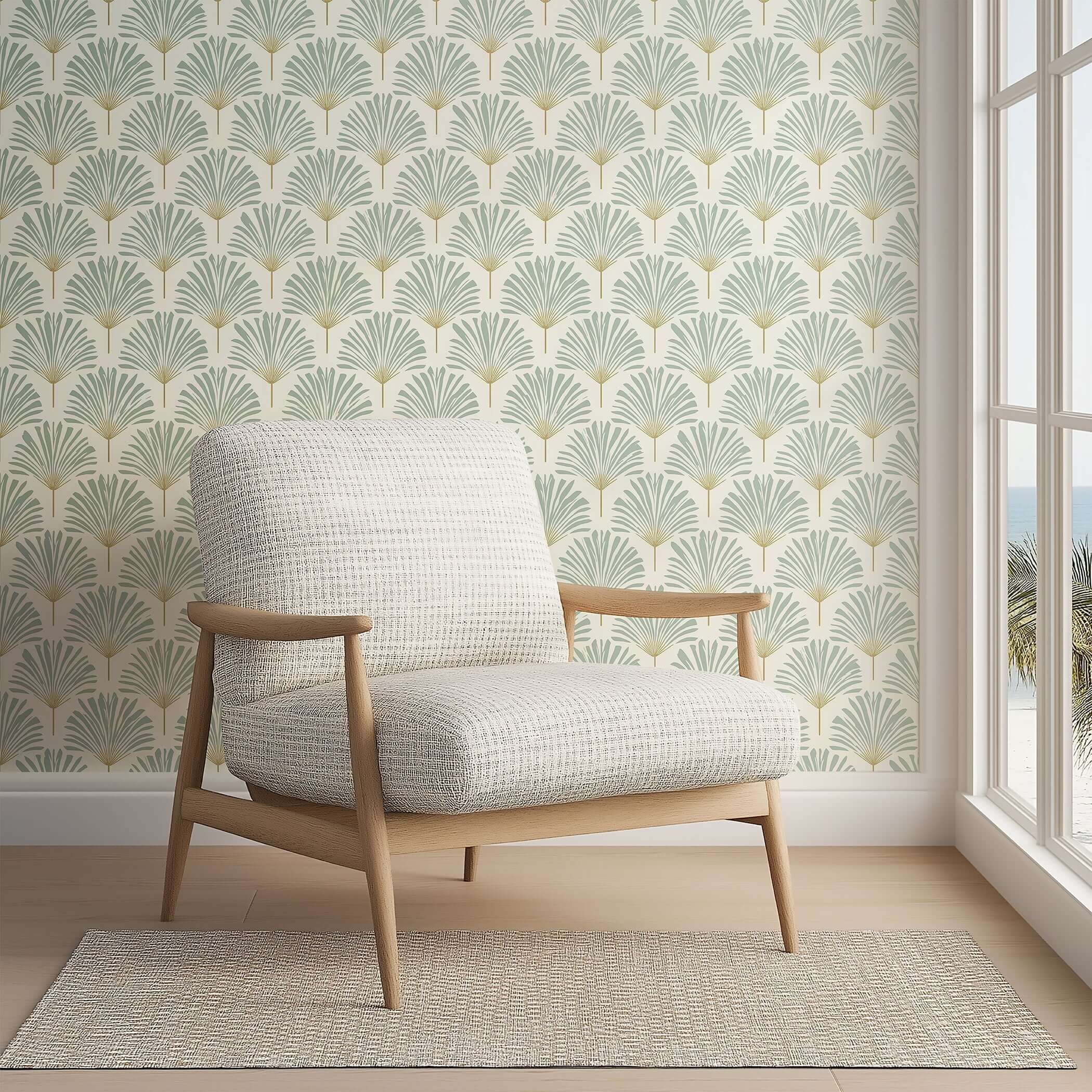 Modern living room with Serene Sage Palm wallpaper featuring stylized palms and coastal design elements, paired with a cozy armchair.