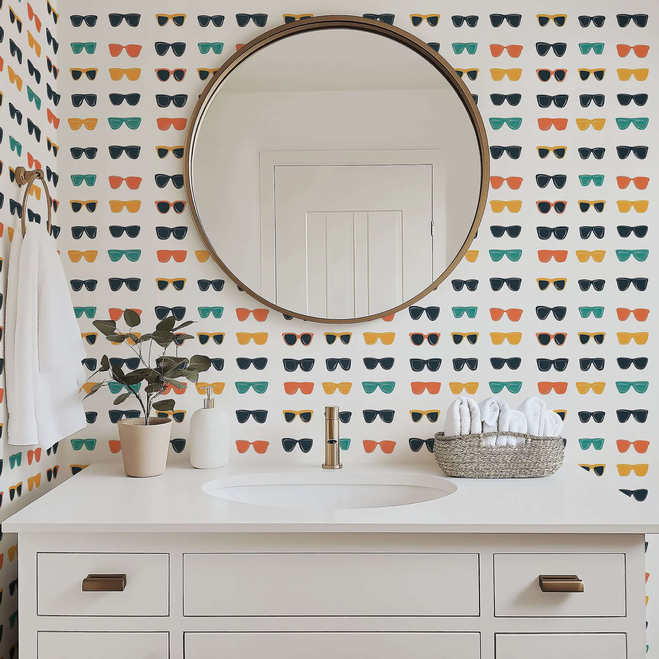 Mid-century modern pop art wallpaper with colorful sunglasses pattern, perfect for coastal walls and creative spaces.