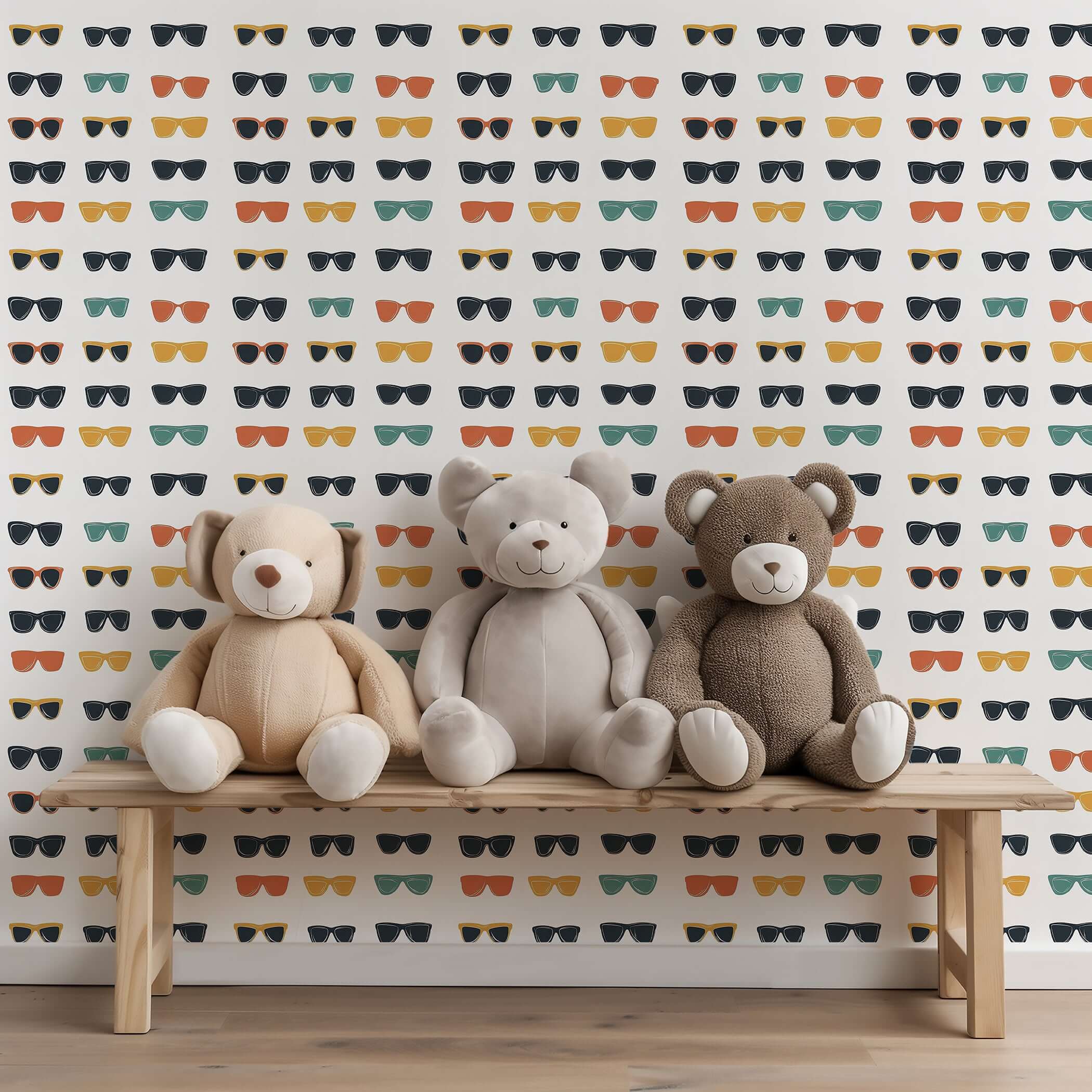 Mid-century modern pop art wallpaper with sunglasses pattern, featuring teddy bears on a bench, perfect for coastal themed rooms.