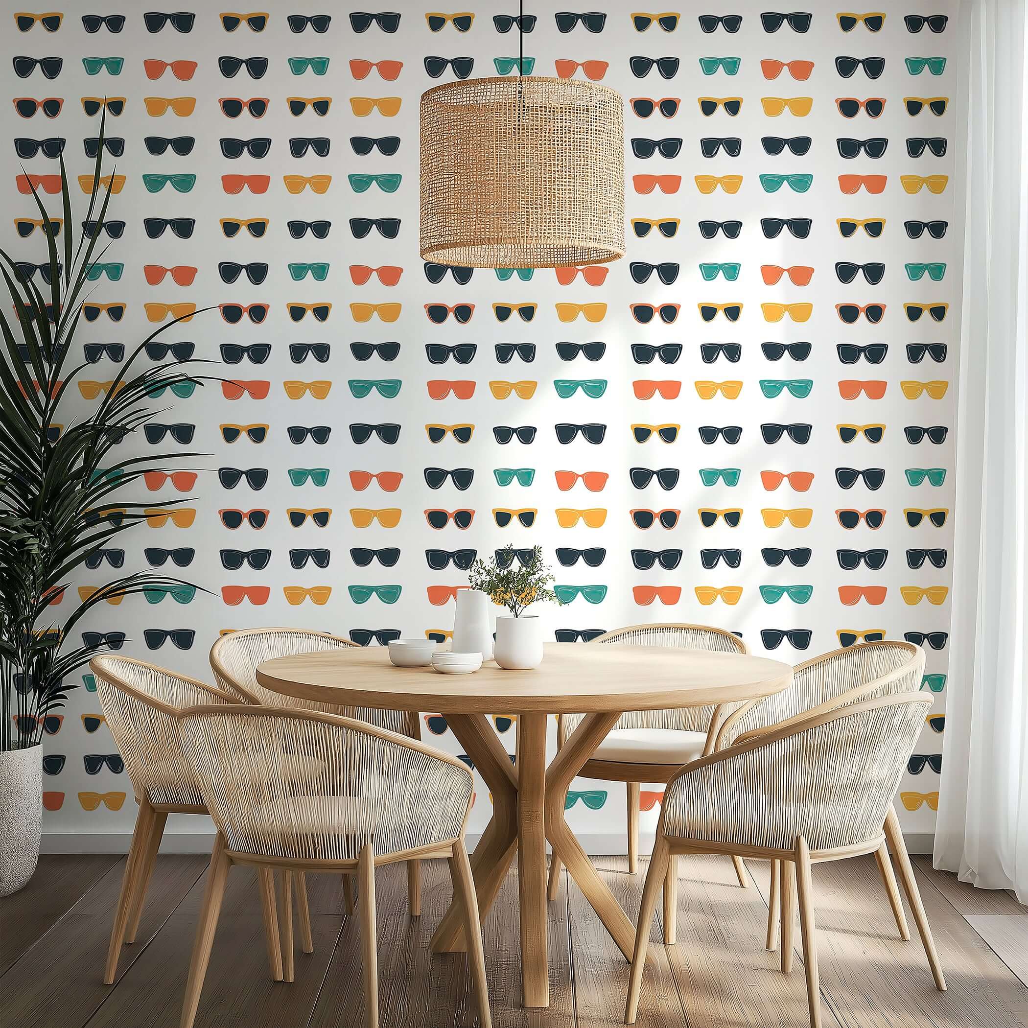 Vibrant pop art sunglasses wallpaper in mid-century modern dining room, ideal for coastal and eclectic interiors.