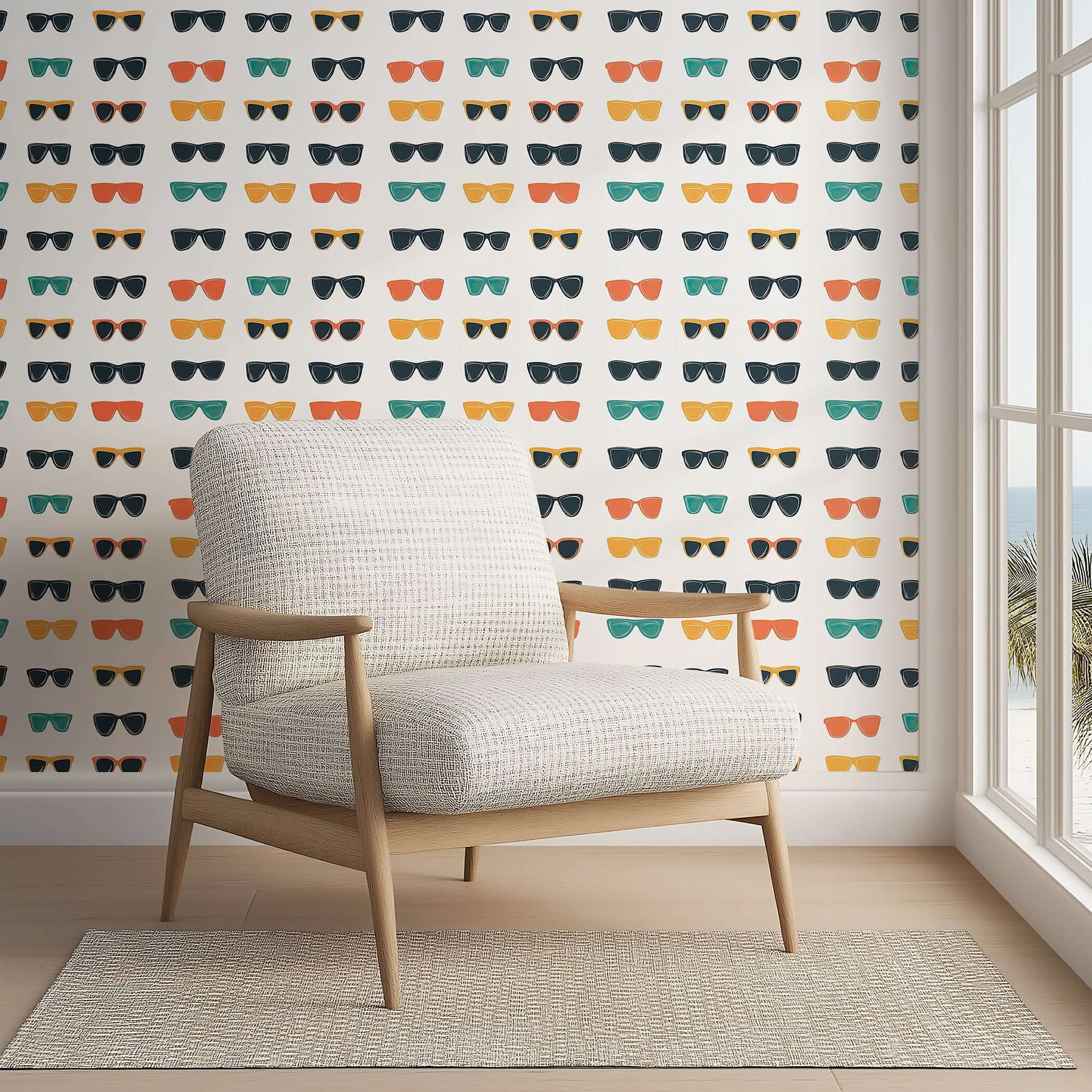 Pop art sunglass wallpaper with colorful sunglasses pattern in a modern coastal living space featuring mid-century design.